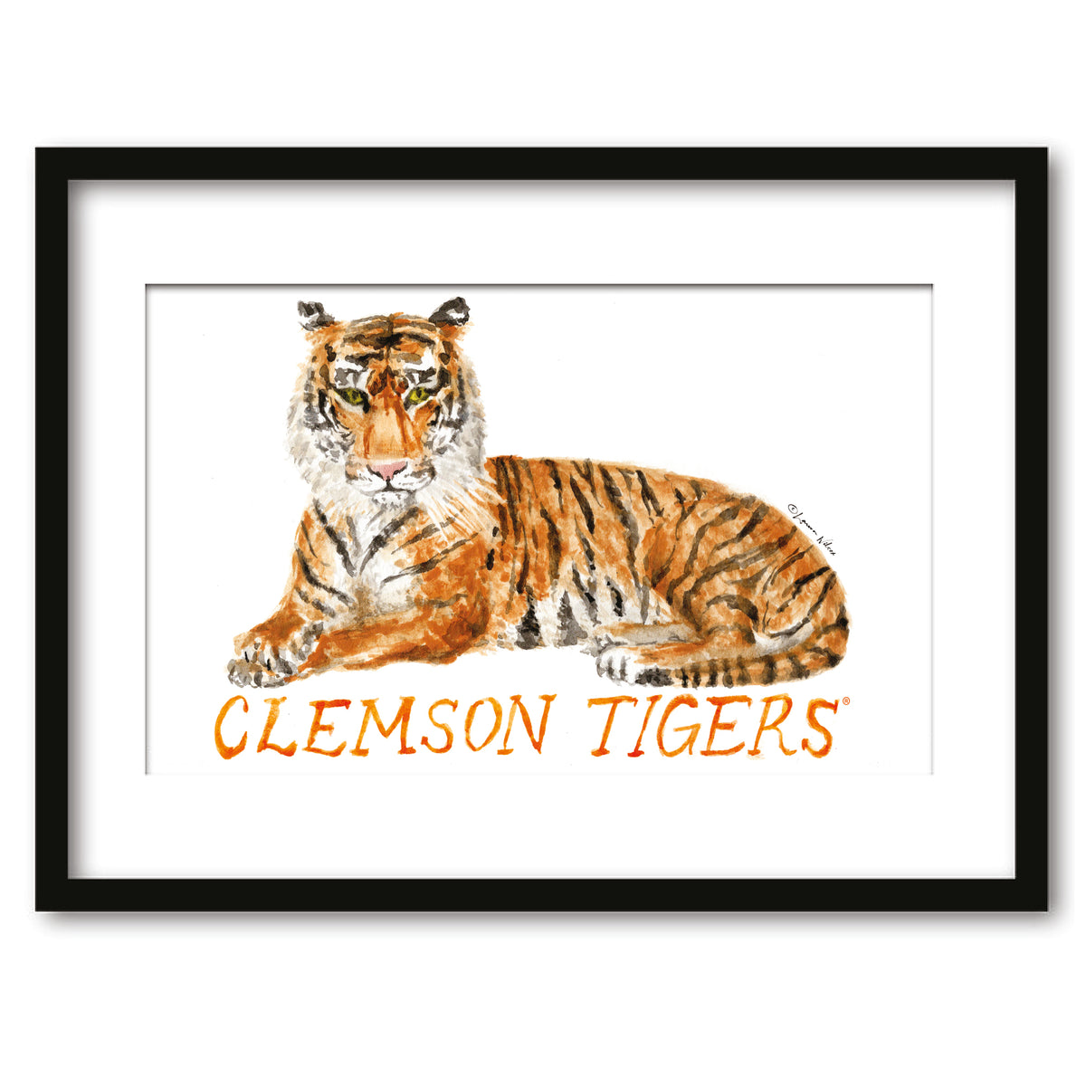 Clemson Tigers Mascot by Laura Wilcox, Framed Watercolor Wall Art 16" x 20"