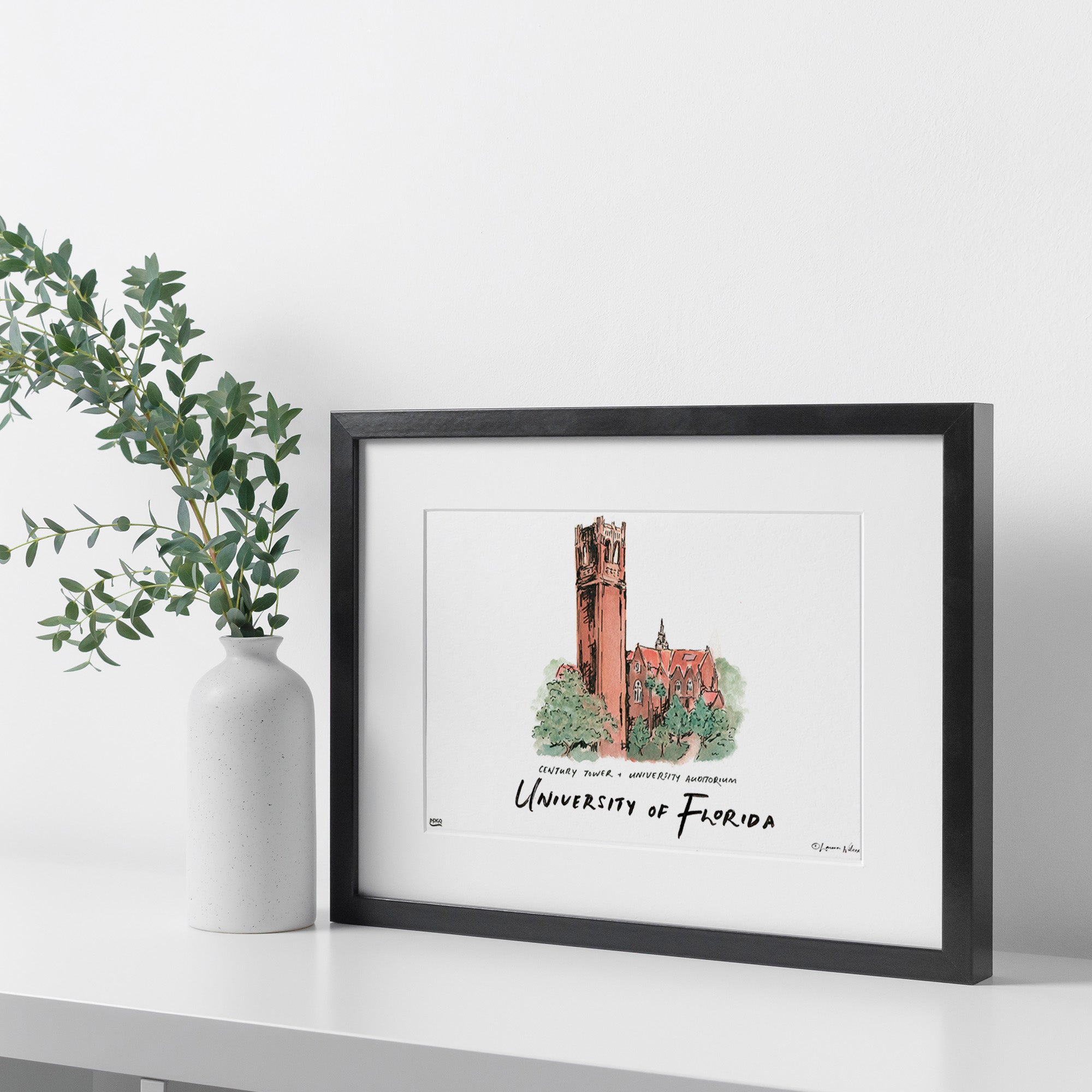 Florida Century Tower & University Auditorium, Framed Watercolor Wall Art 11" x 14" by Laura Wilcox