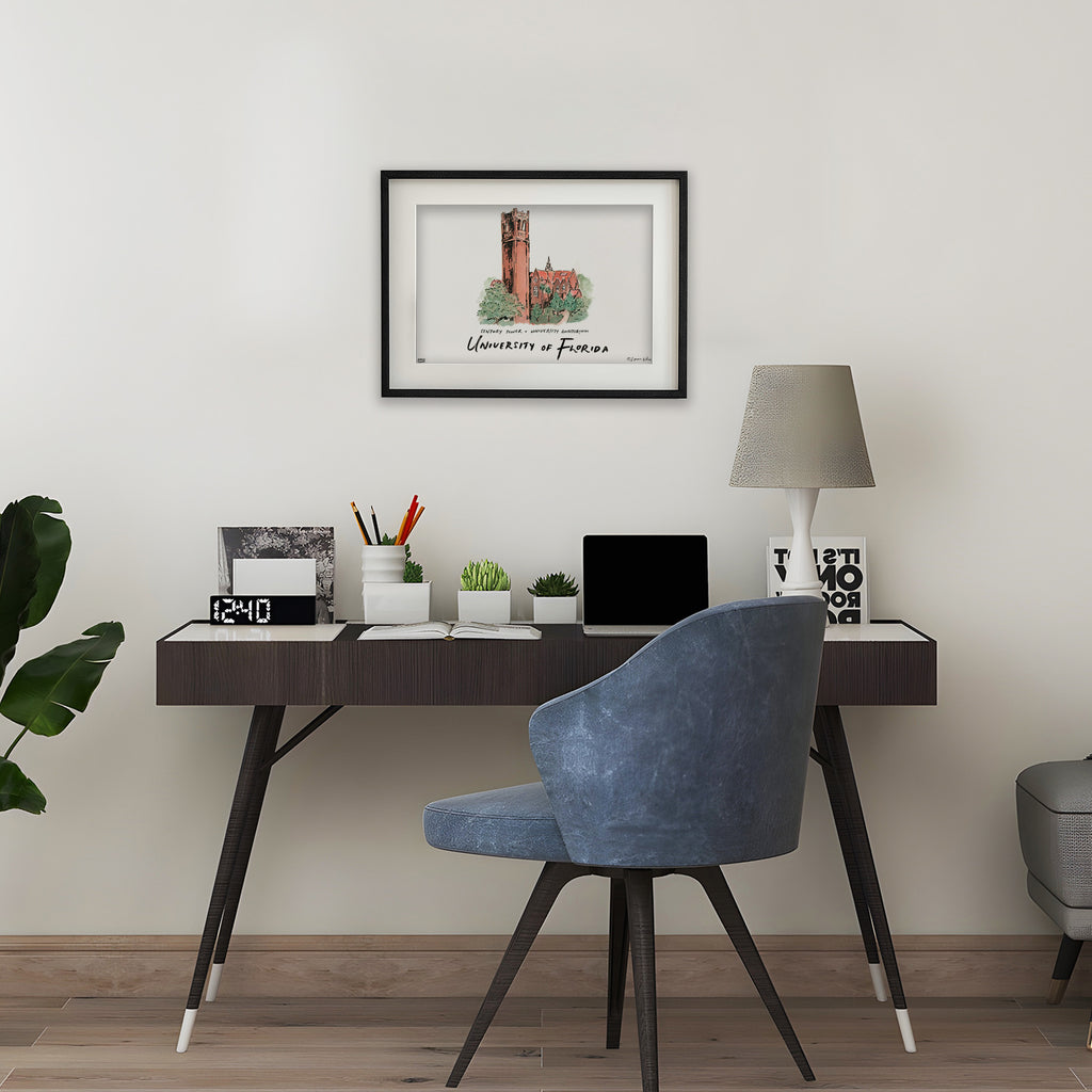 Florida Century Tower & University Auditorium, Framed Watercolor Wall Art 11" x 14" by Laura Wilcox