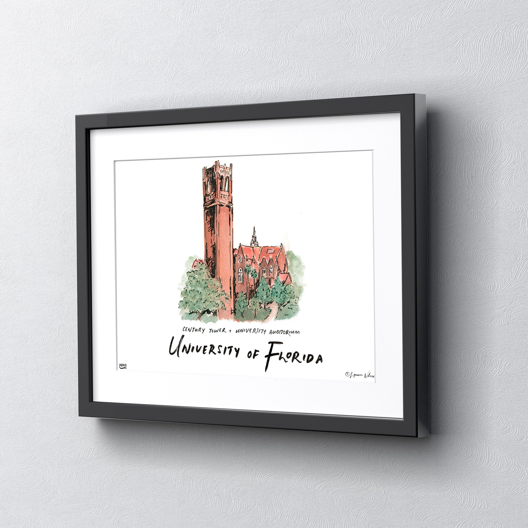 Florida Century Tower & University Auditorium, Framed Watercolor Wall Art 16" x 20" by Laura Wilcox