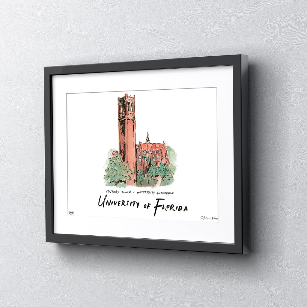Florida Century Tower & University Auditorium, Framed Watercolor Wall Art 11" x 14" by Laura Wilcox
