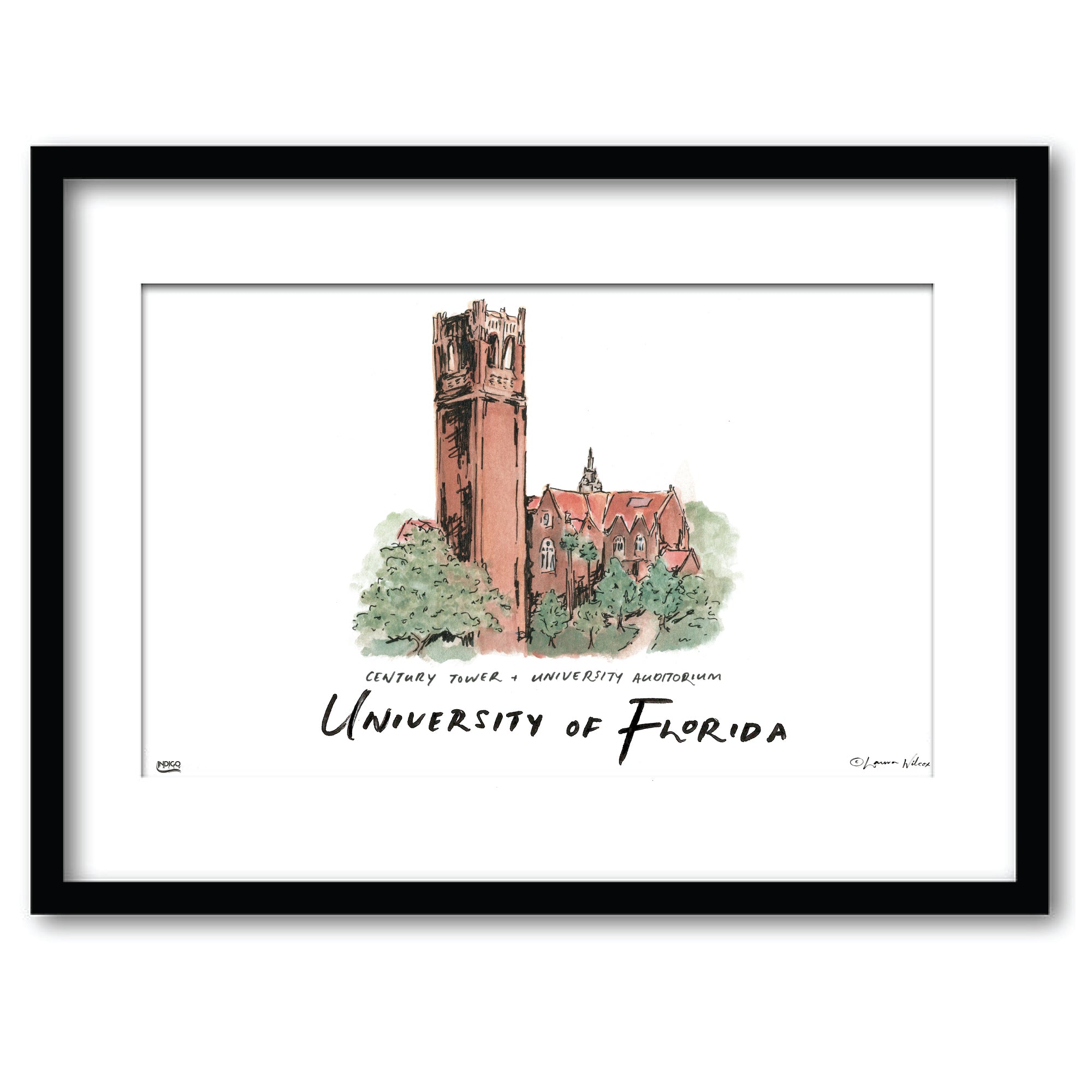 Florida Century Tower & University Auditorium, Framed Watercolor Wall Art 11" x 14" by Laura Wilcox