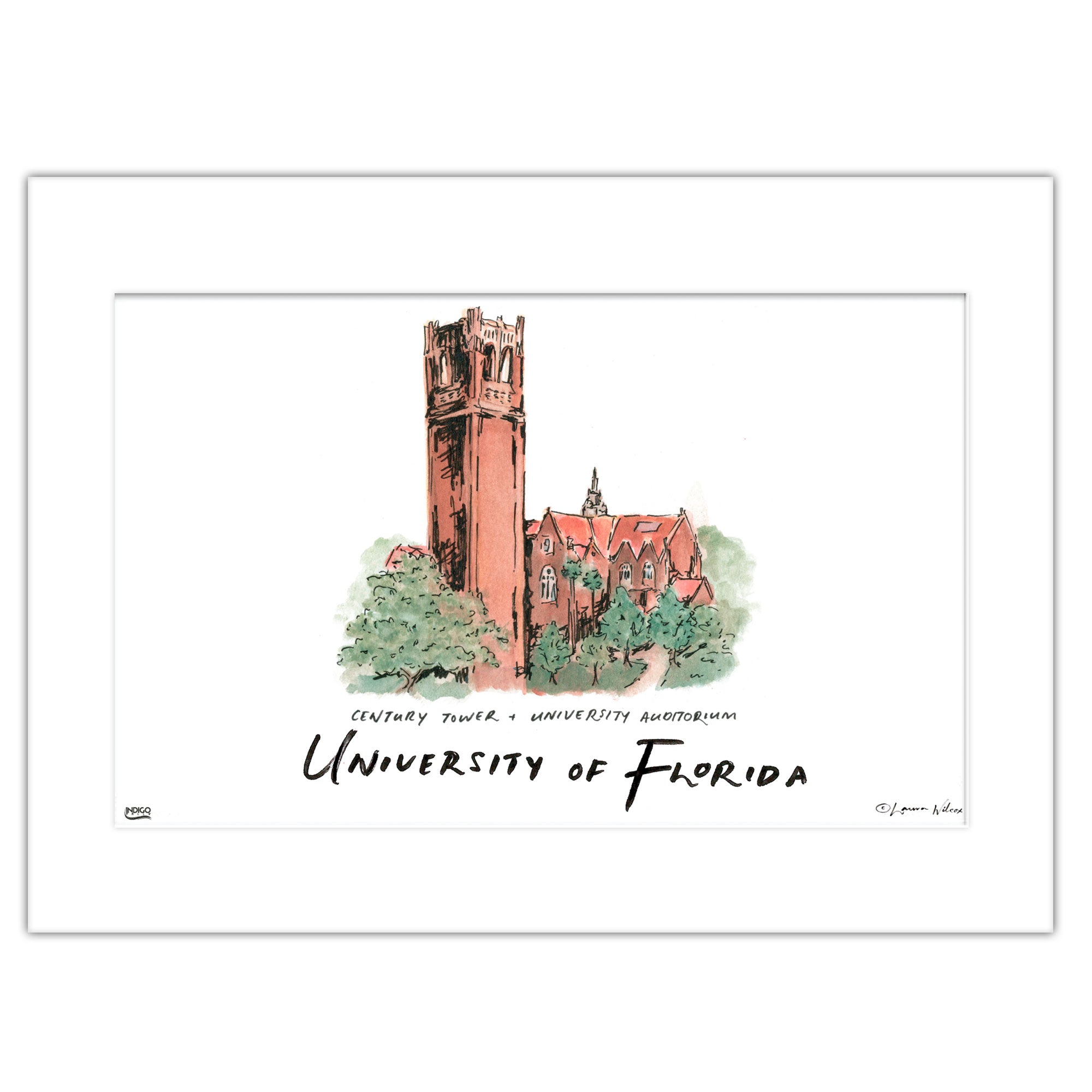 Florida Century Tower & University Auditorium, Matted Watercolor Wall Art 16" x 20" by Laura Wilcox