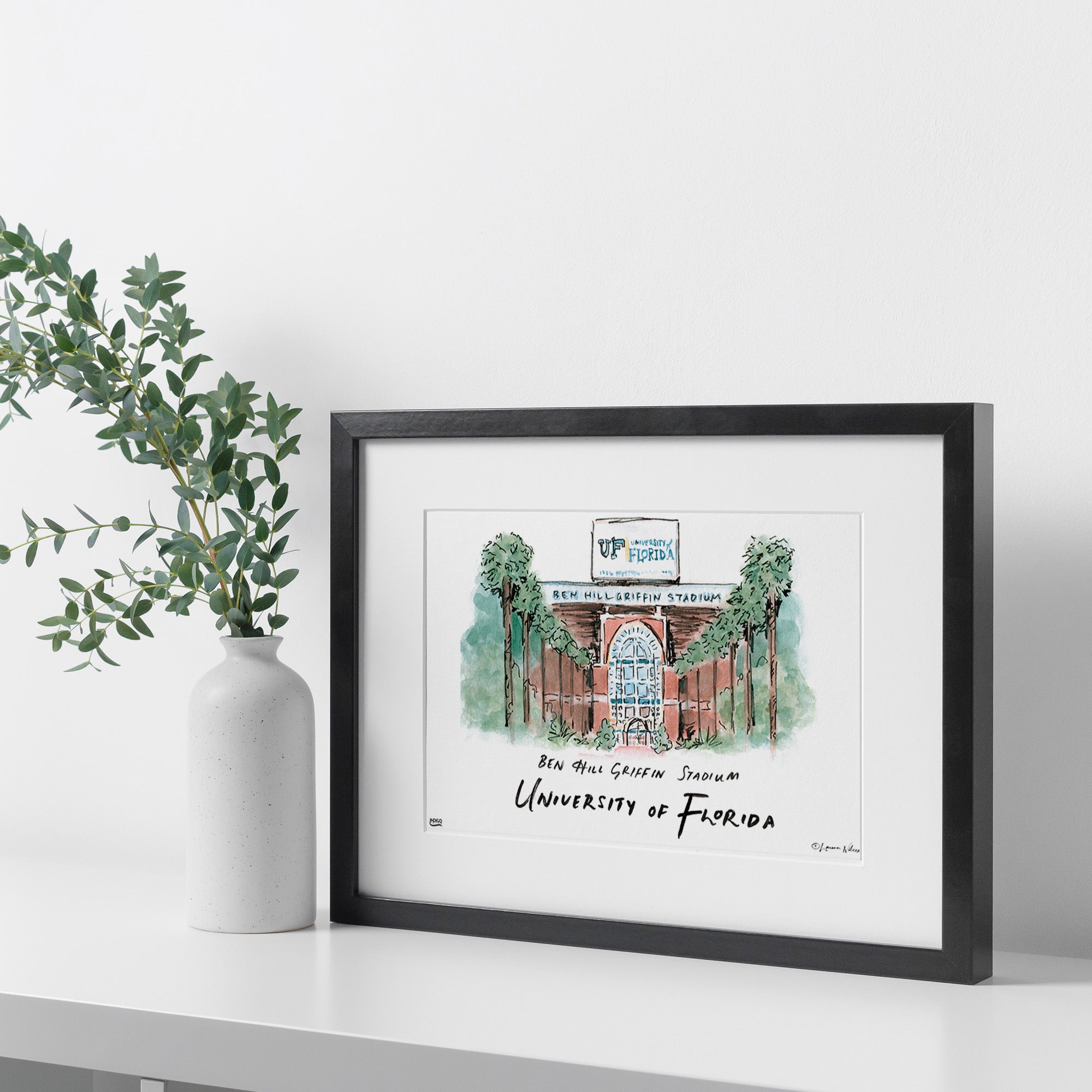 Florida Ben Hill Griffin Stadium, Framed Watercolor Wall Art 11" x 14" by Laura Wilcox