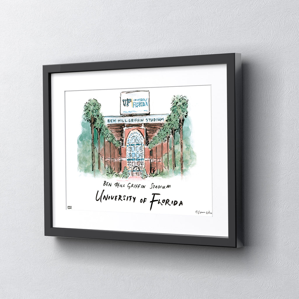 Florida Ben Hill Griffin Stadium, Framed Watercolor Wall Art 11" x 14" by Laura Wilcox