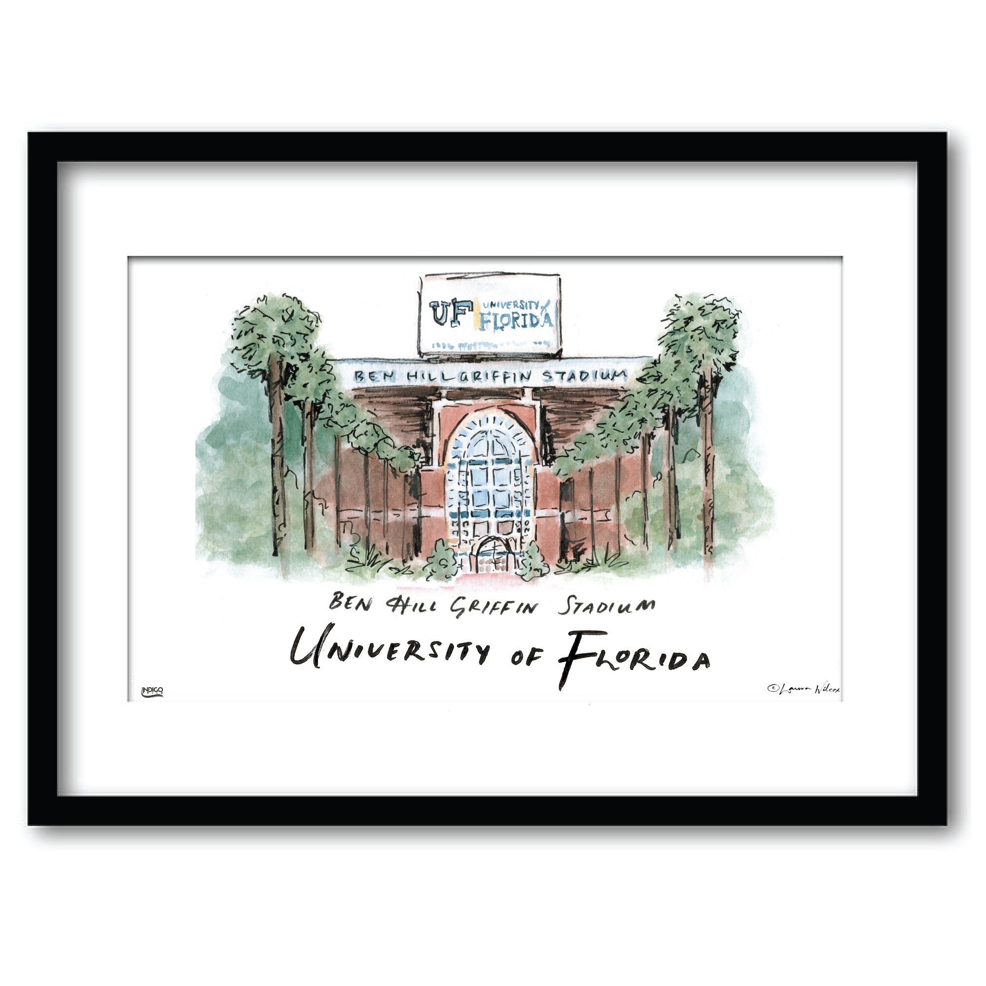 Florida Ben Hill Griffin Stadium, Framed Watercolor Wall Art 11" x 14" by Laura Wilcox