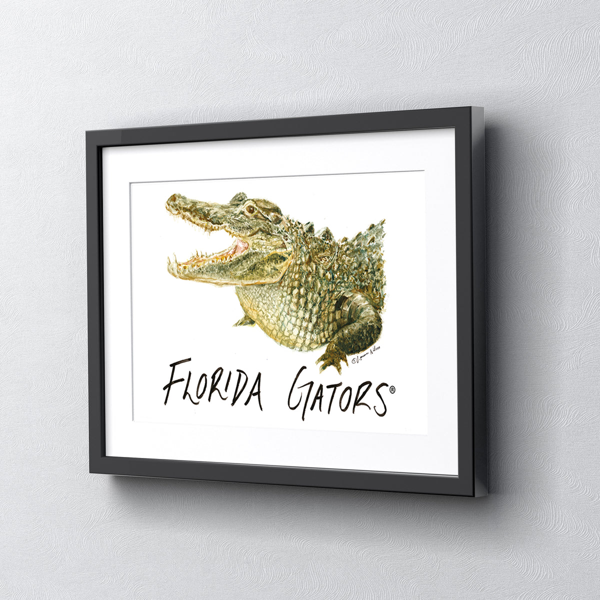Florida Gators Mascot by Laura Wilcox, Framed Watercolor Wall Art 11" x 14"