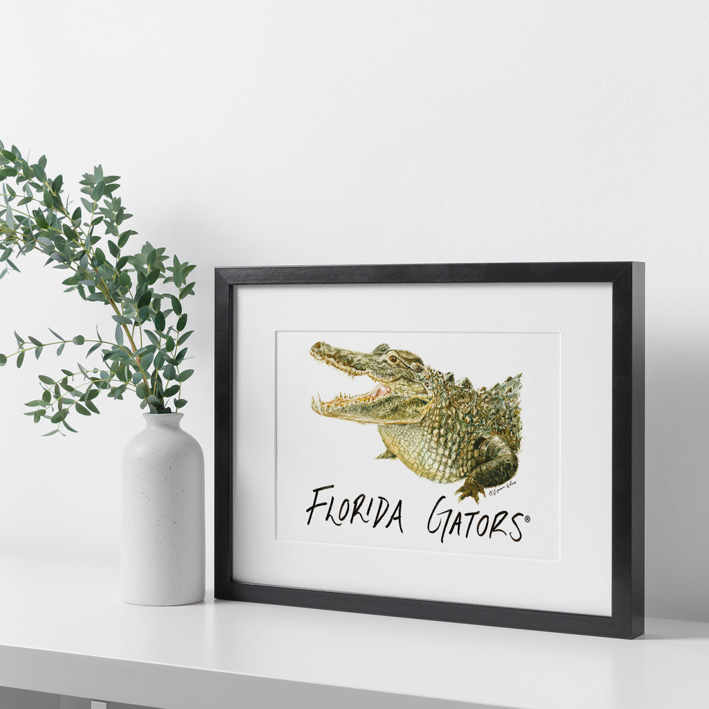 Florida Gators Mascot by Laura Wilcox, Framed Watercolor Wall Art 11" x 14"