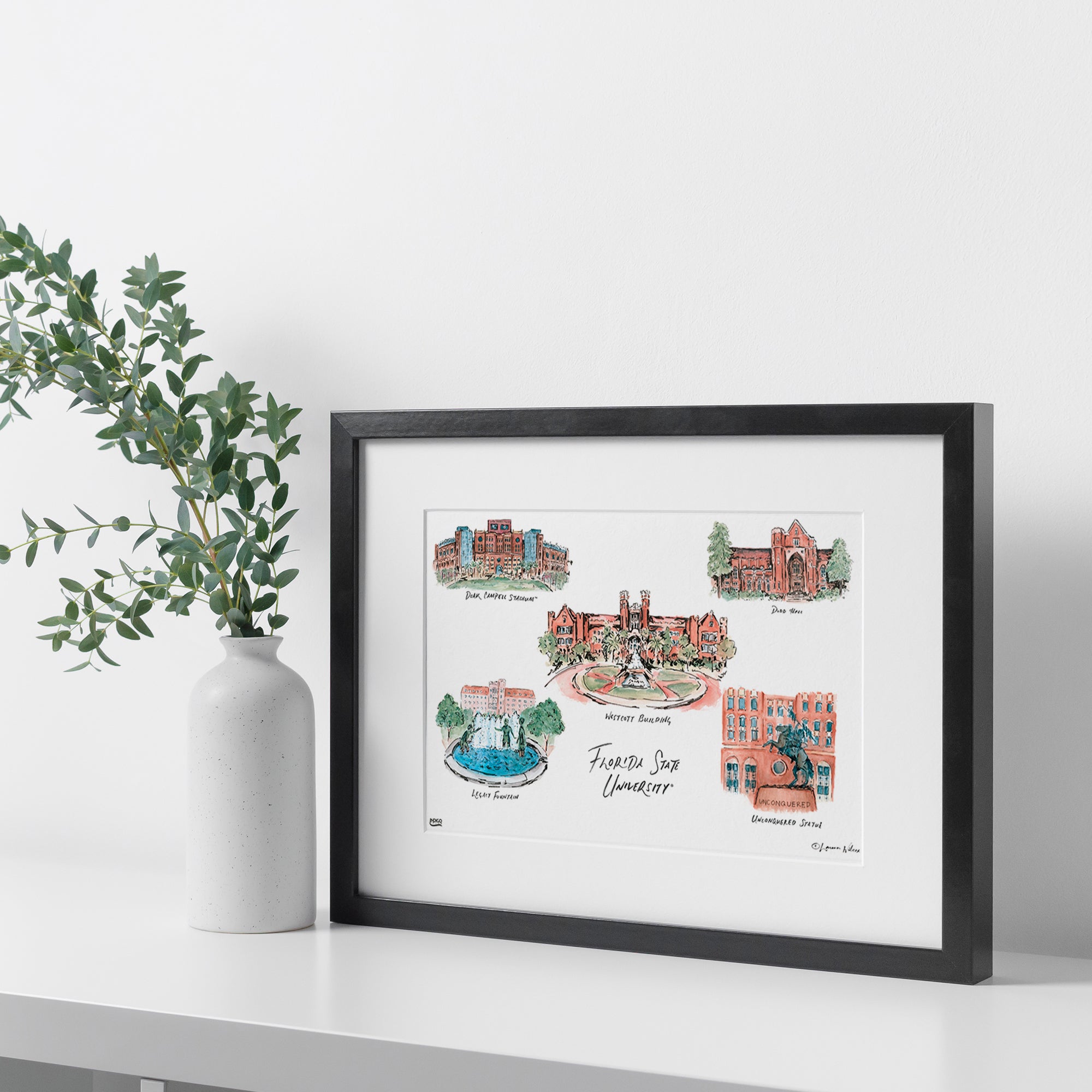Florida State Collage, Framed Watercolor Wall Art 11" x 14" by Laura Wilcox