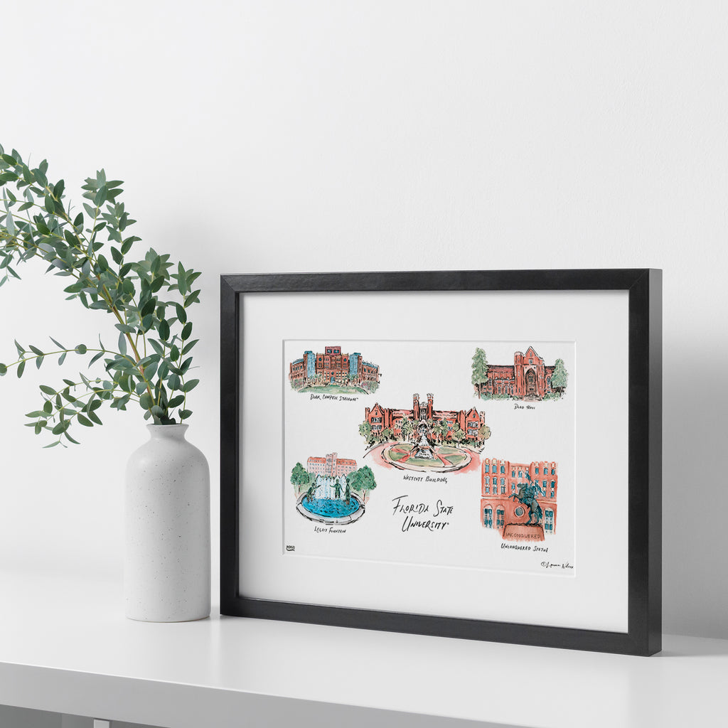 Florida State Collage, Framed Watercolor Wall Art 16" x 20" by Laura Wilcox