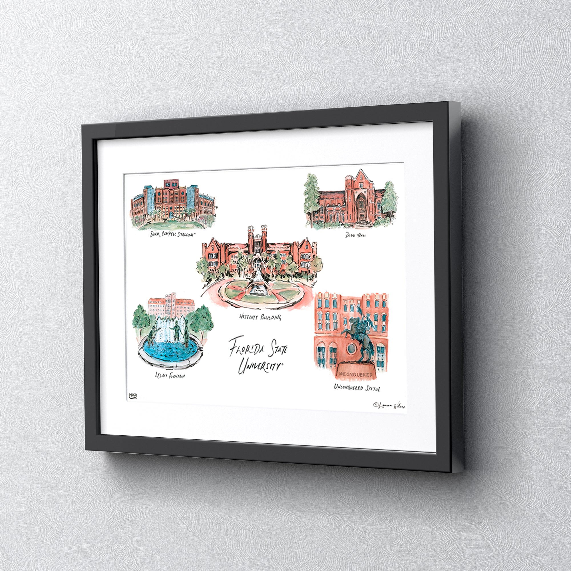 Florida State Collage, Framed Watercolor Wall Art 11" x 14" by Laura Wilcox