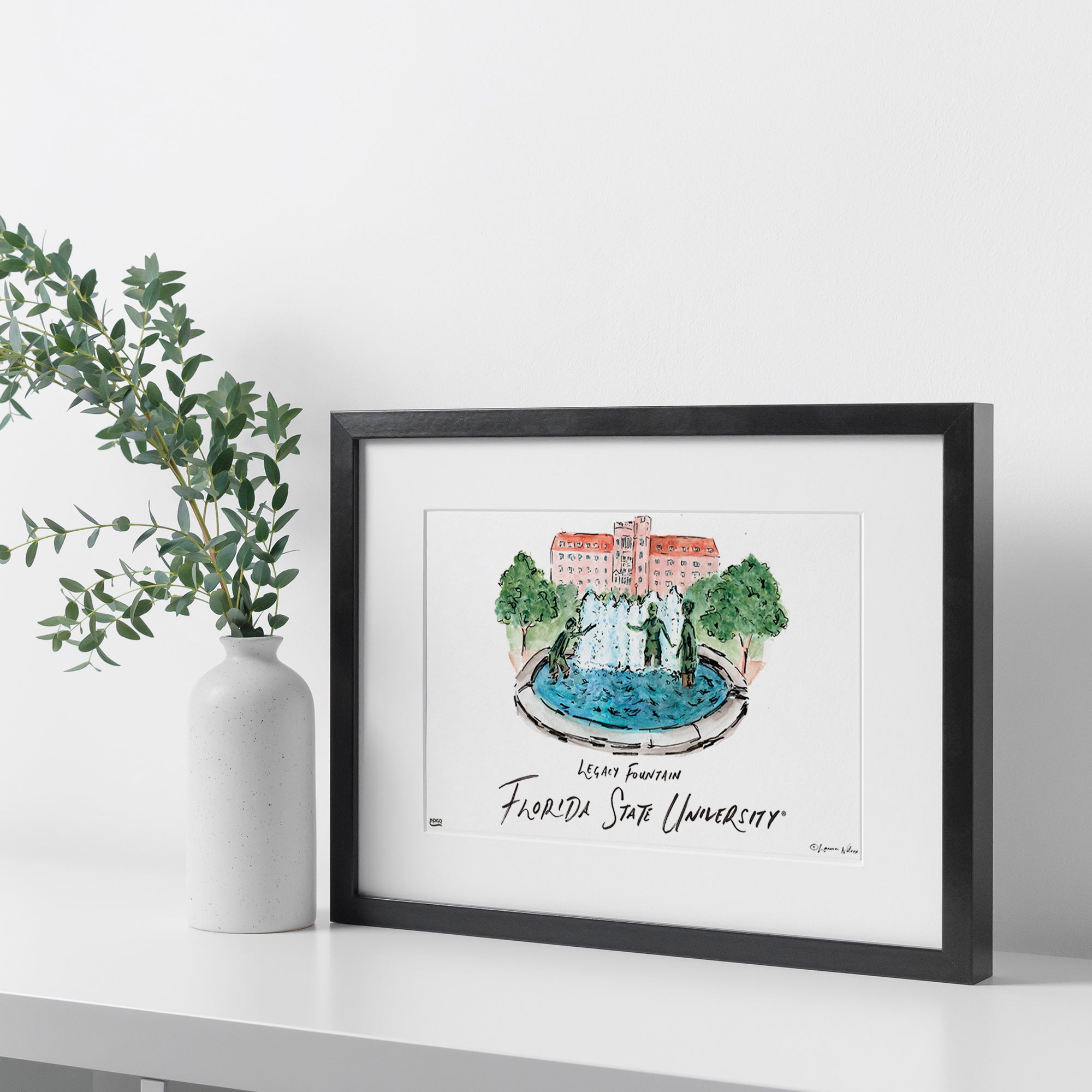 Florida State Legacy Fountain, Framed Watercolor Wall Art 11" x 14" by Laura Wilcox