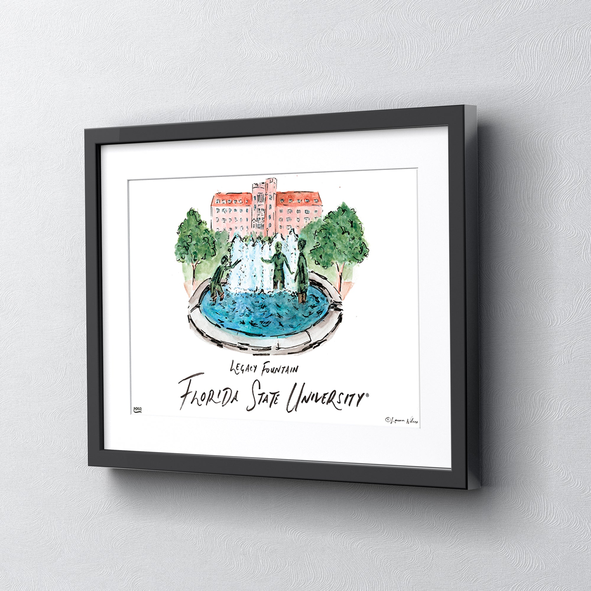 Florida State Legacy Fountain, Framed Watercolor Wall Art 11" x 14" by Laura Wilcox
