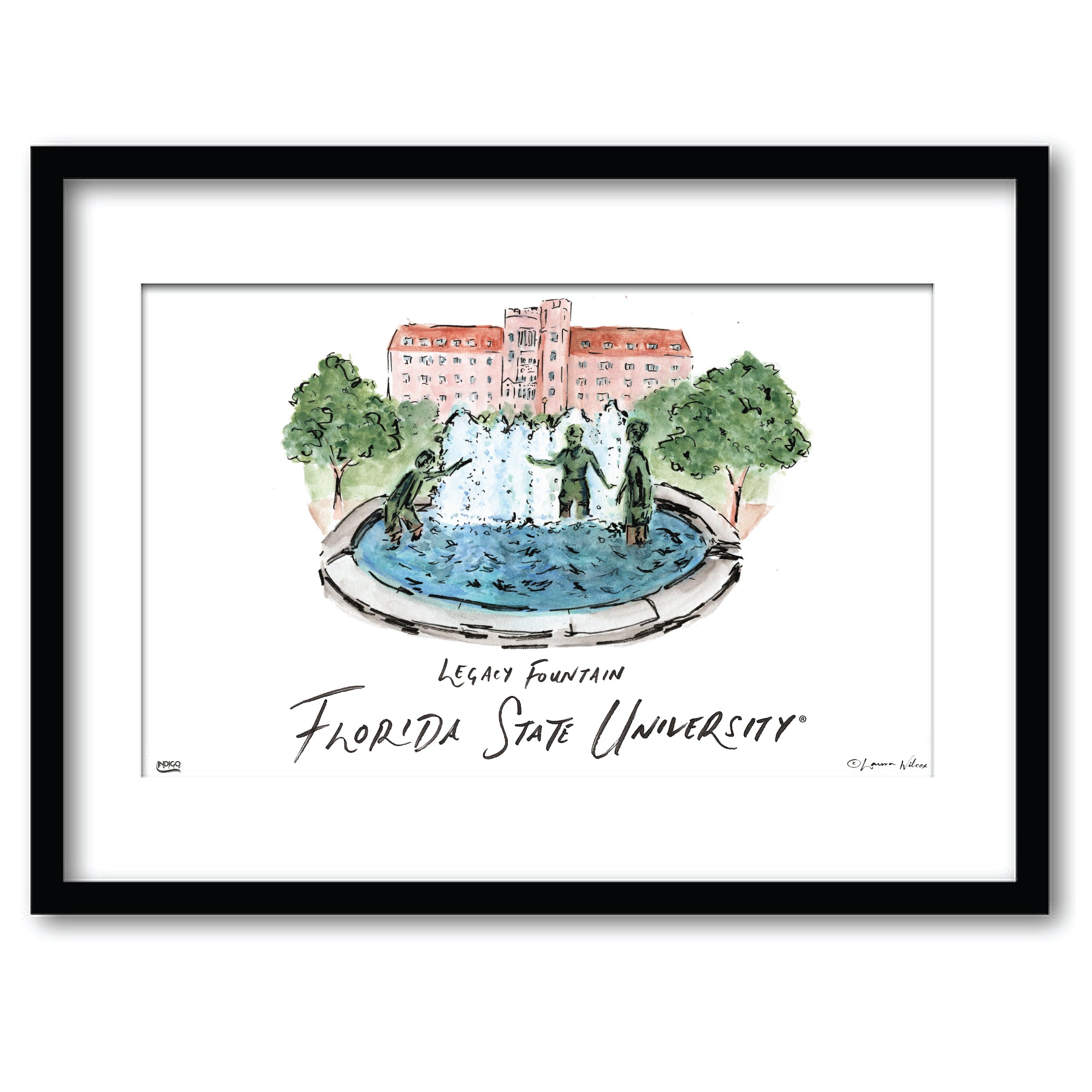 Florida State Legacy Fountain, Framed Watercolor Wall Art 11" x 14" by Laura Wilcox