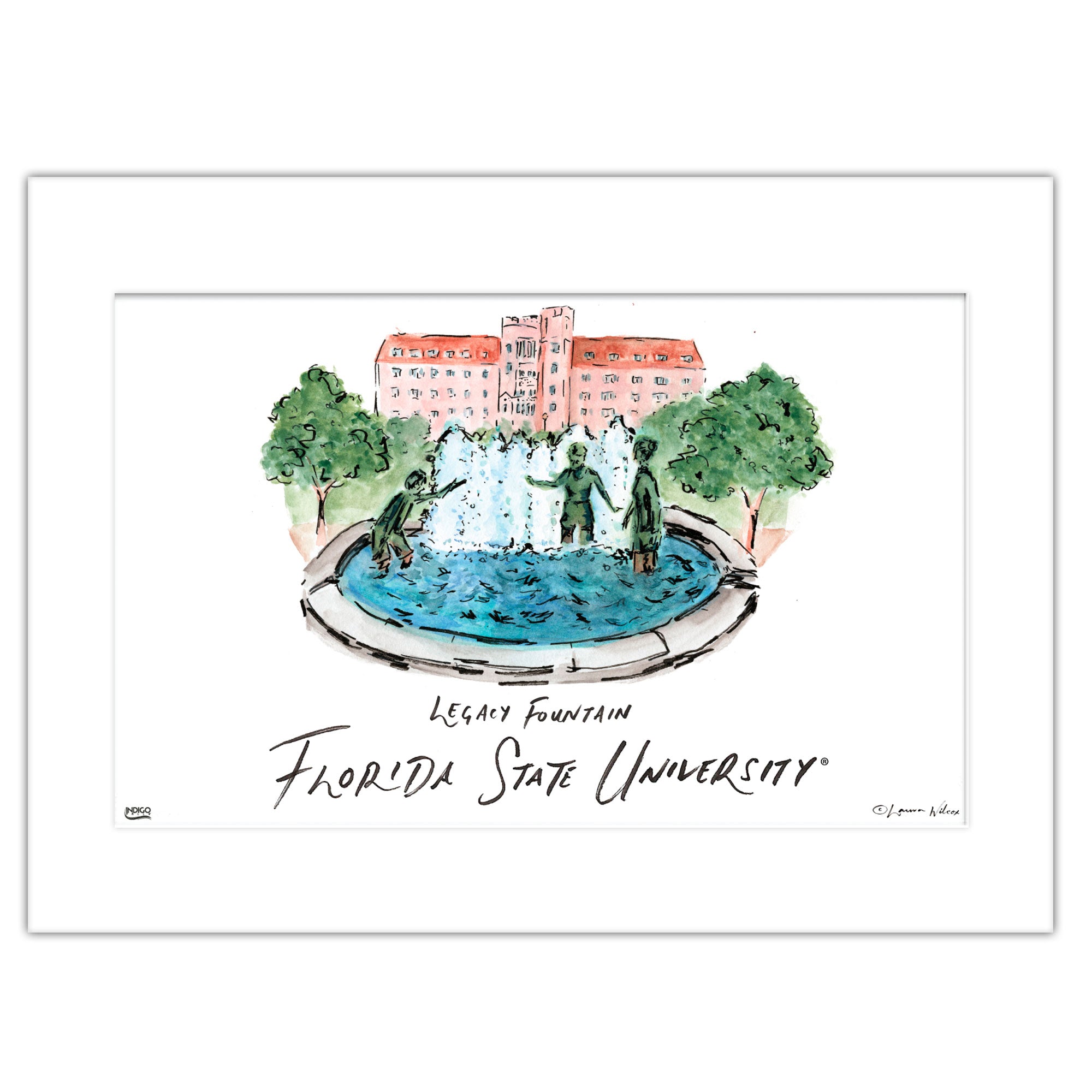 Florida State Legacy Fountain, Matted Watercolor Wall Art 11" x 14" by Laura Wilcox