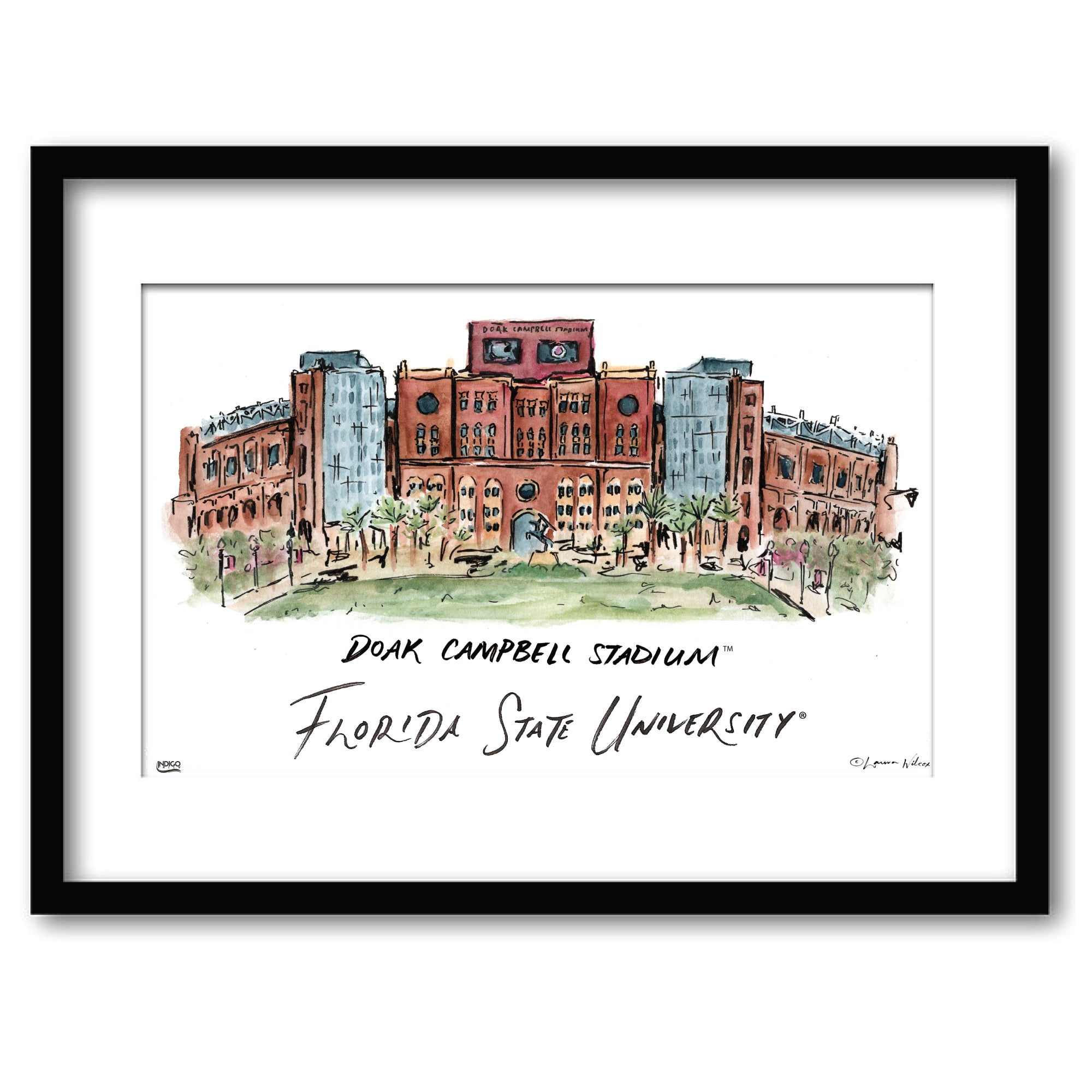 Florida State Doak Campbell Stadium, Framed Watercolor Wall Art 11" x 14" by Laura Wilcox