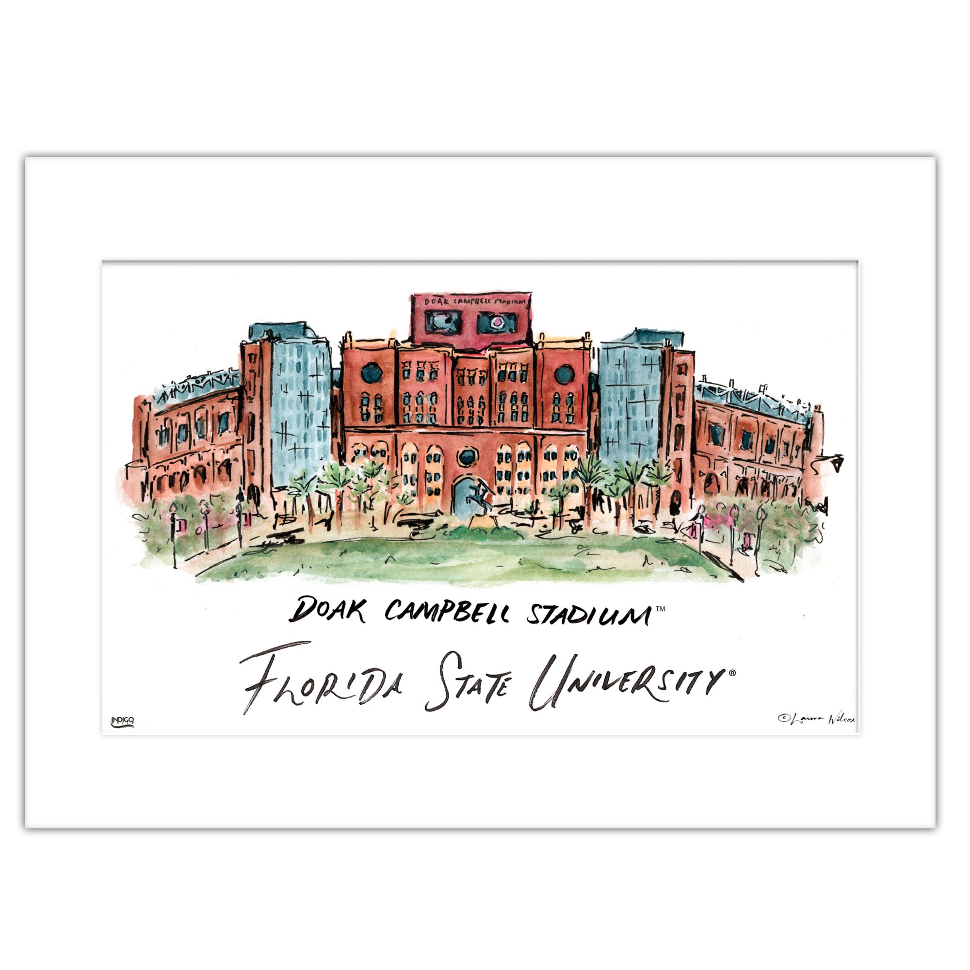Florida State Doak Campbell Stadium, Matted Watercolor Wall Art 11" x 14" by Laura Wilcox