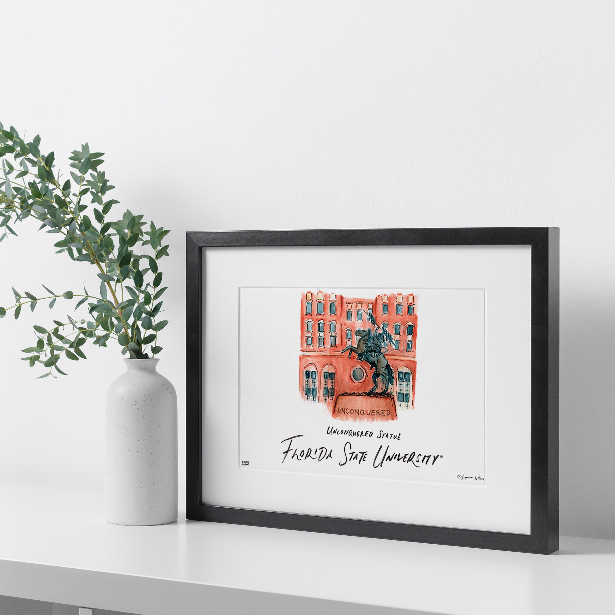 Florida State Unconquered Statue, Framed Watercolor Wall Art 16" x 20" by Laura Wilcox