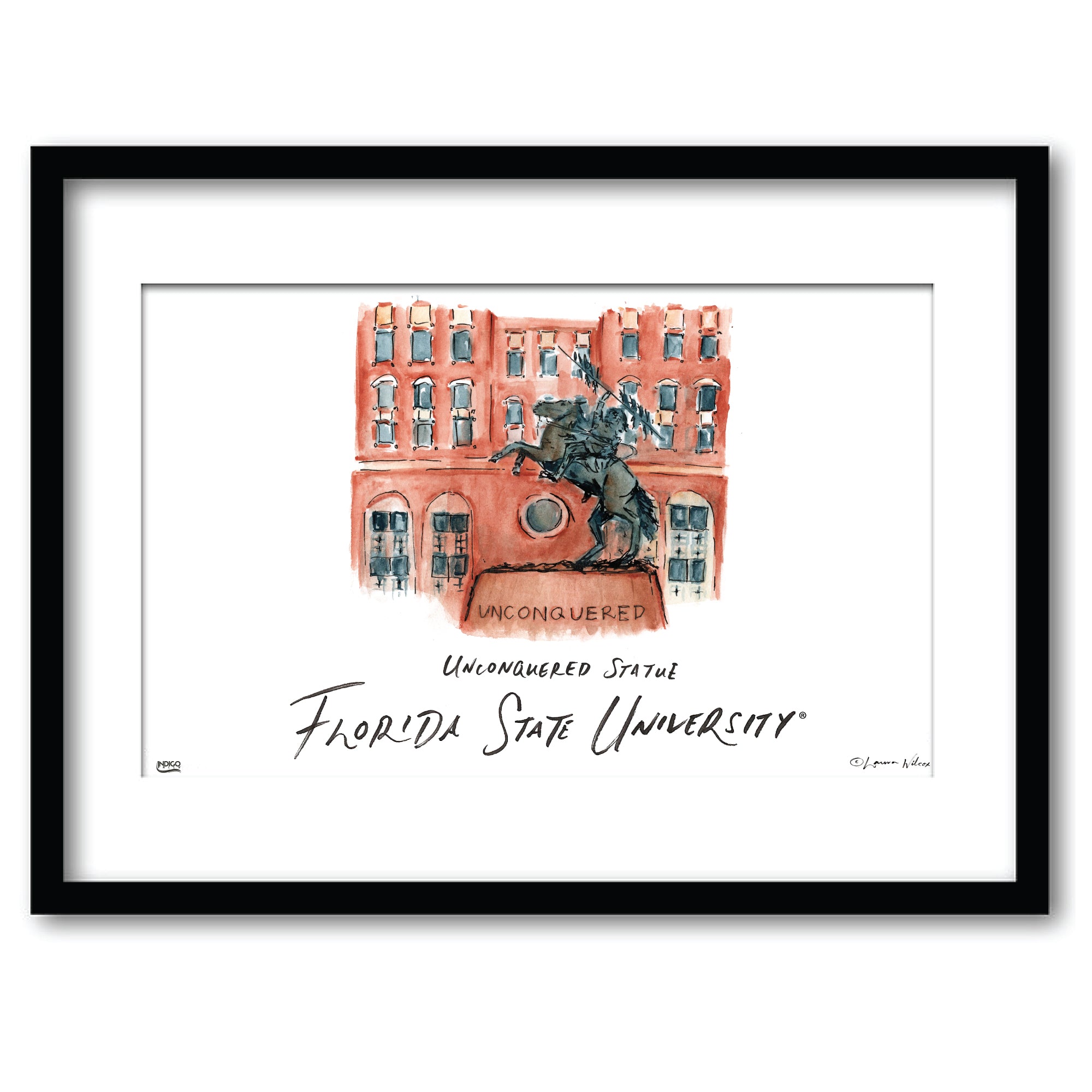 Florida State Unconquered Statue, Framed Watercolor Wall Art 11" x 14" by Laura Wilcox