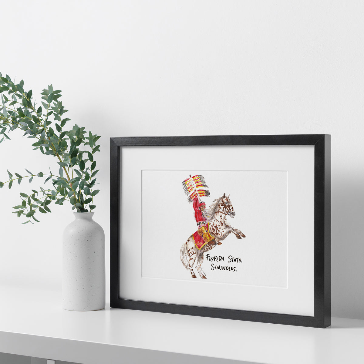 Florida State Seminoles Mascot by Laura Wilcox, Framed Watercolor Wall Art 11" x 14"