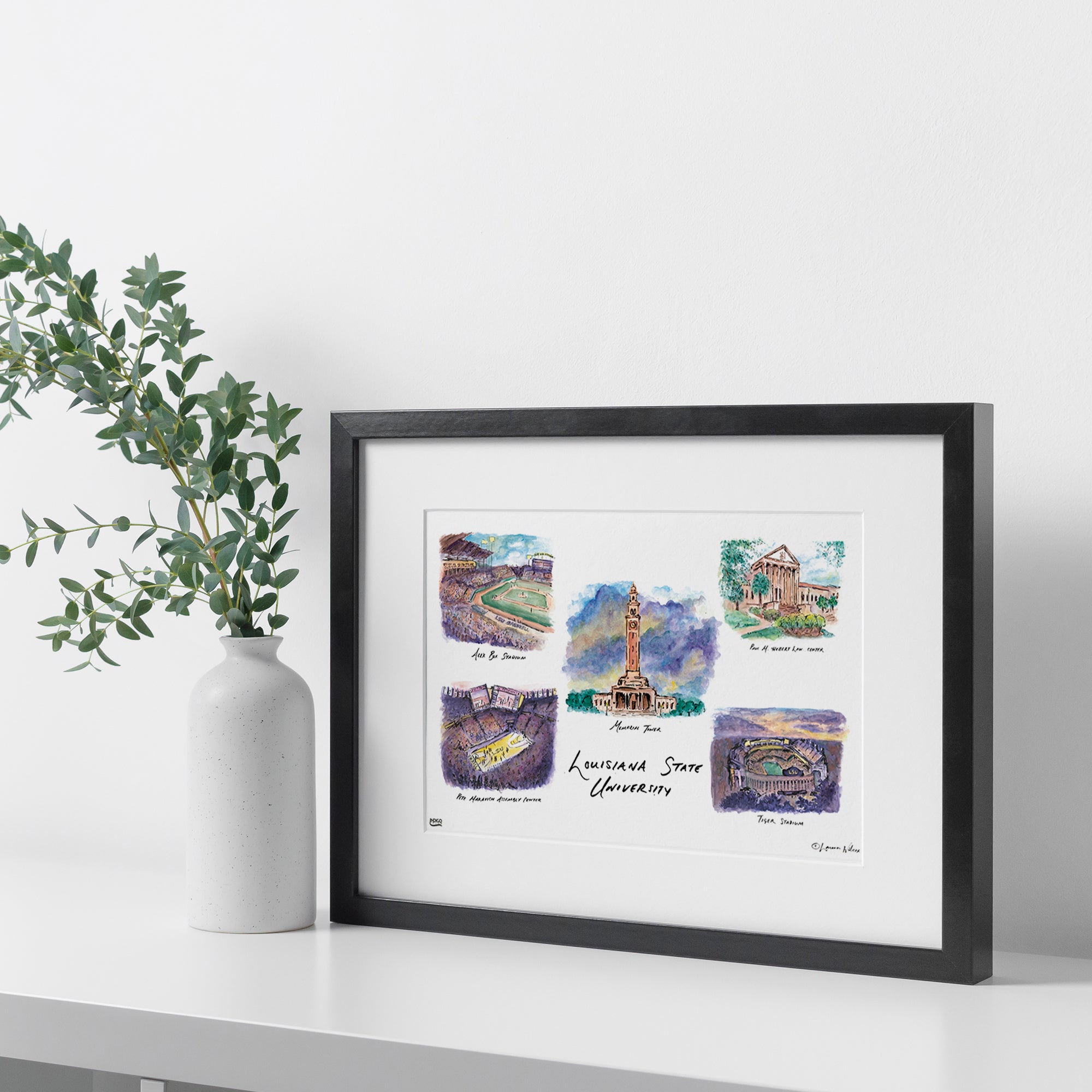 LSU Collage, Framed Watercolor Wall Art 16" x 20" by Laura Wilcox