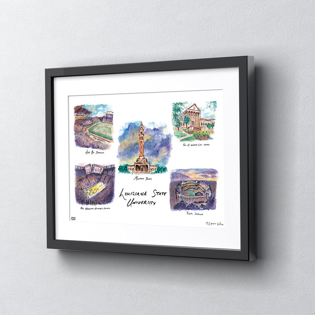 LSU Collage, Framed Watercolor Wall Art 16" x 20" by Laura Wilcox