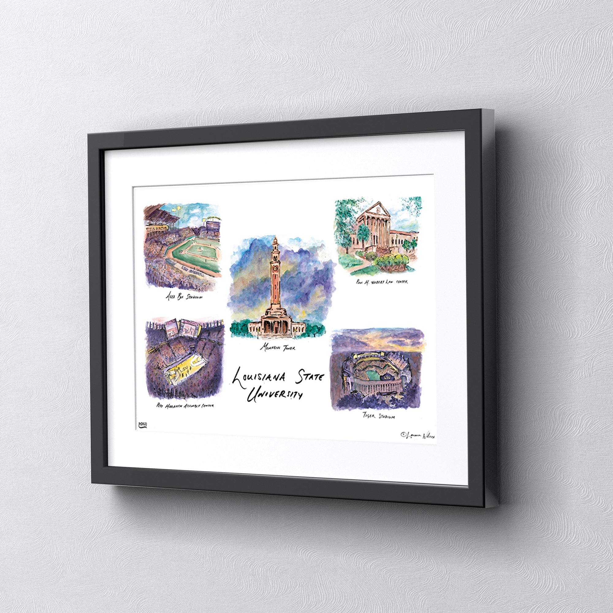 LSU Collage, Framed Watercolor Wall Art 16" x 20" by Laura Wilcox