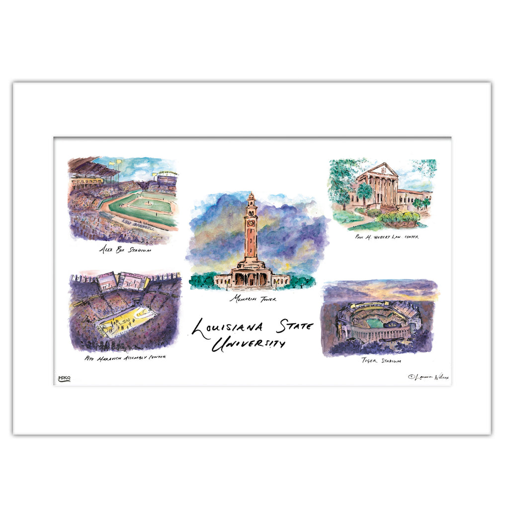 LSU Collage, Matted Watercolor Wall Art 16" x 20" by Laura Wilcox