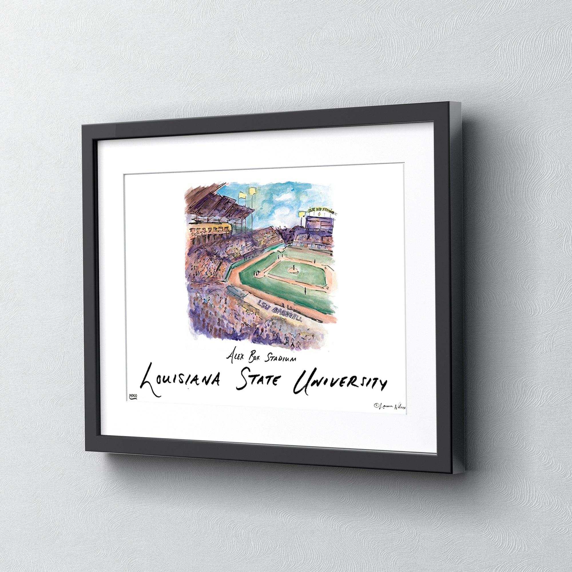 LSU Alex Box Stadium, Framed Watercolor Wall Art 11" x 14" by Laura Wilcox