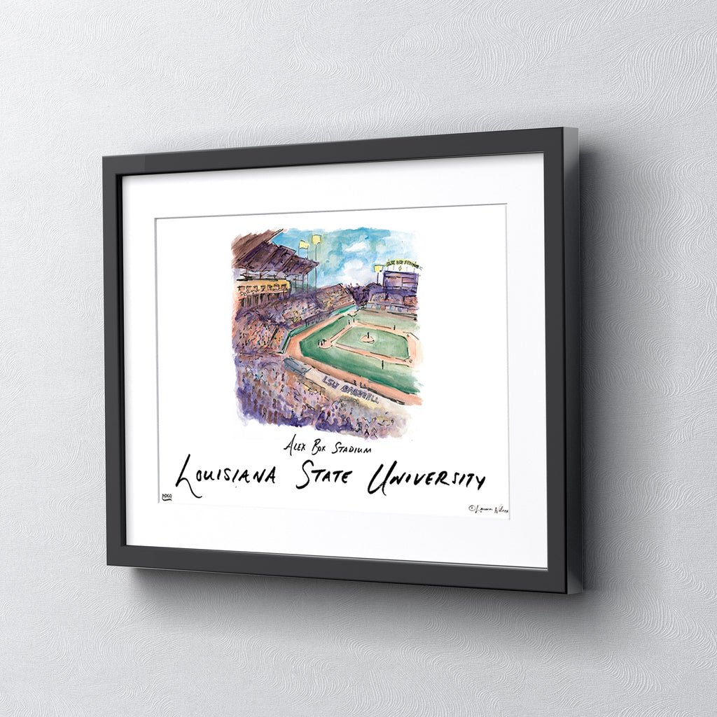 LSU Alex Box Stadium, Framed Watercolor Wall Art 16" x 20" by Laura Wilcox