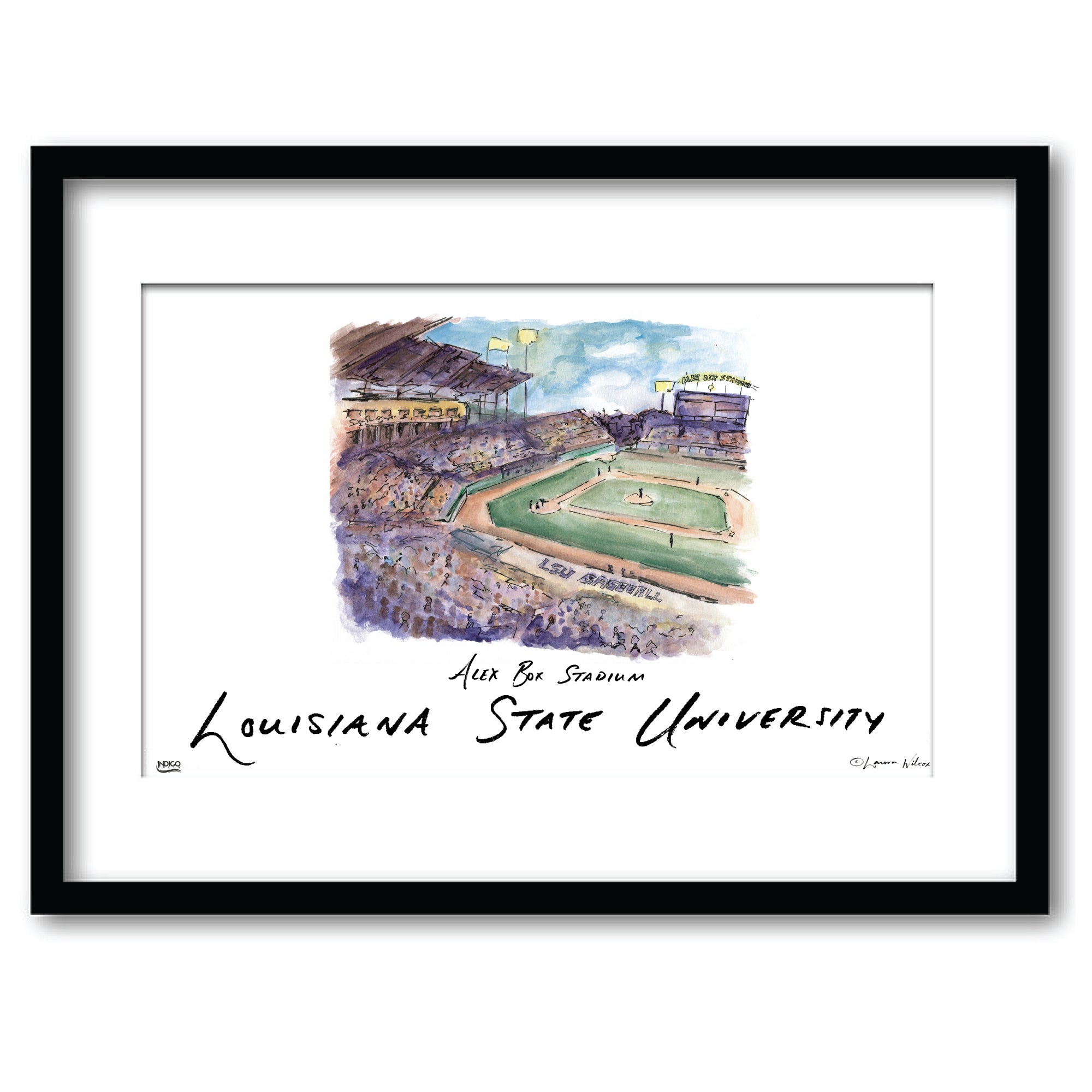 LSU Alex Box Stadium, Framed Watercolor Wall Art 11" x 14" by Laura Wilcox