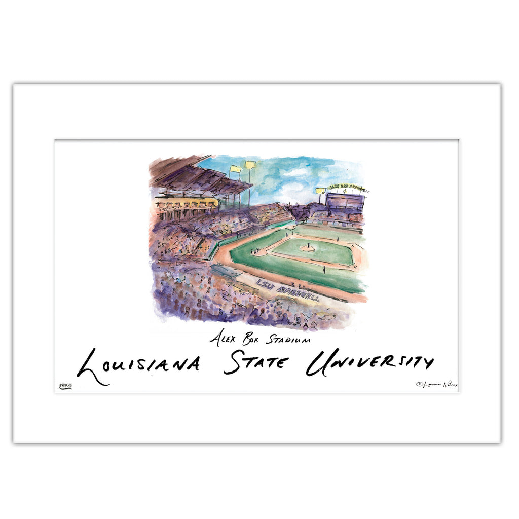LSU Alex Box Stadium, Matted Watercolor Wall Art 16" x 20" by Laura Wilcox