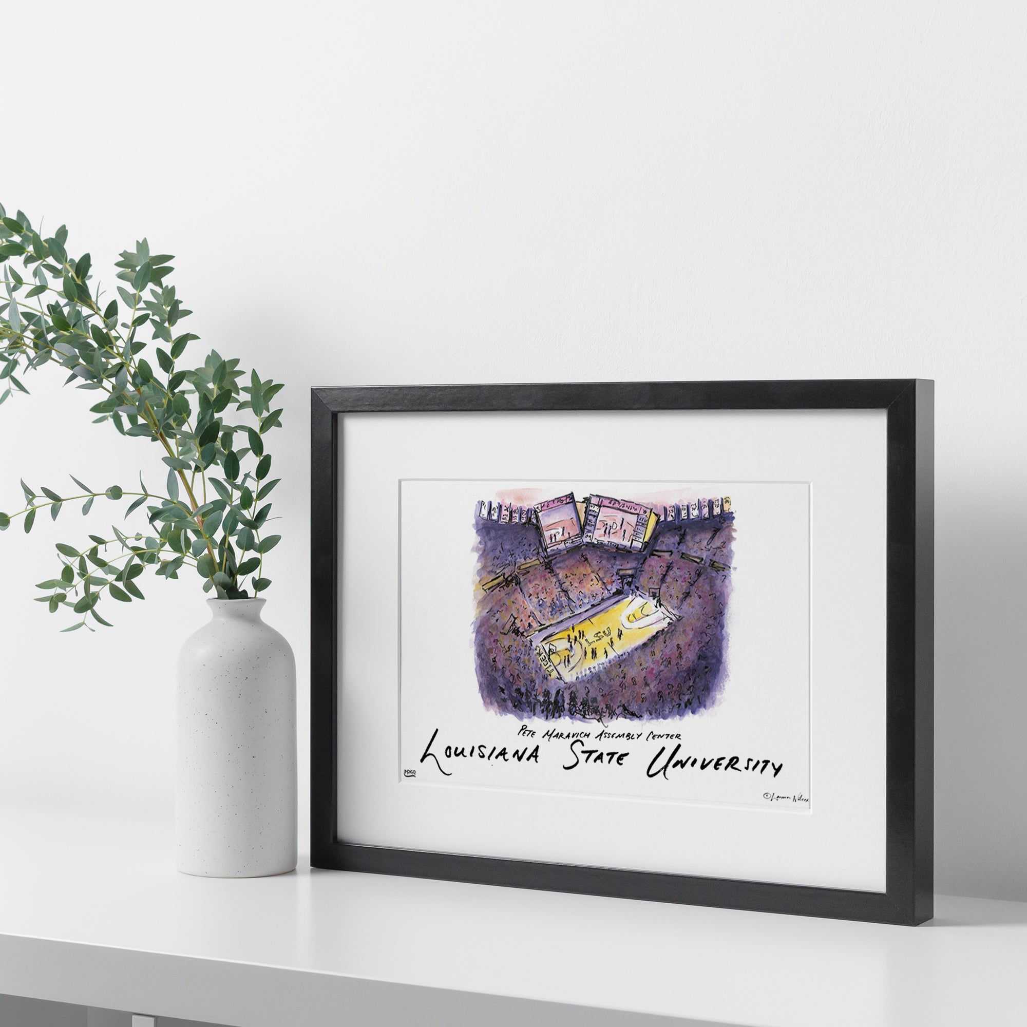 LSU Pete Maravich Assembly Center, Framed Watercolor Wall Art 16" x 20" by Laura Wilcox