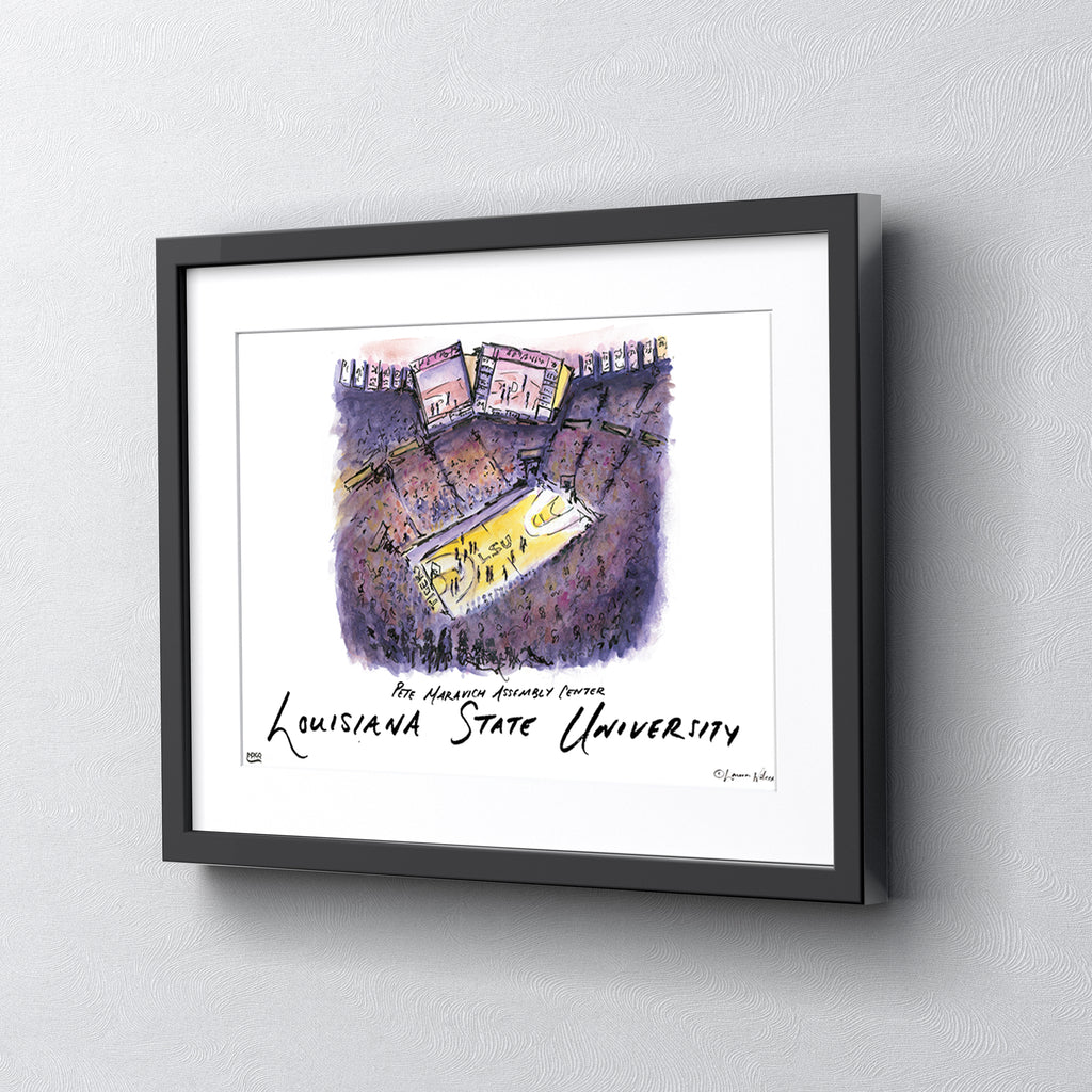LSU Pete Maravich Assembly Center, Framed Watercolor Wall Art 16" x 20" by Laura Wilcox