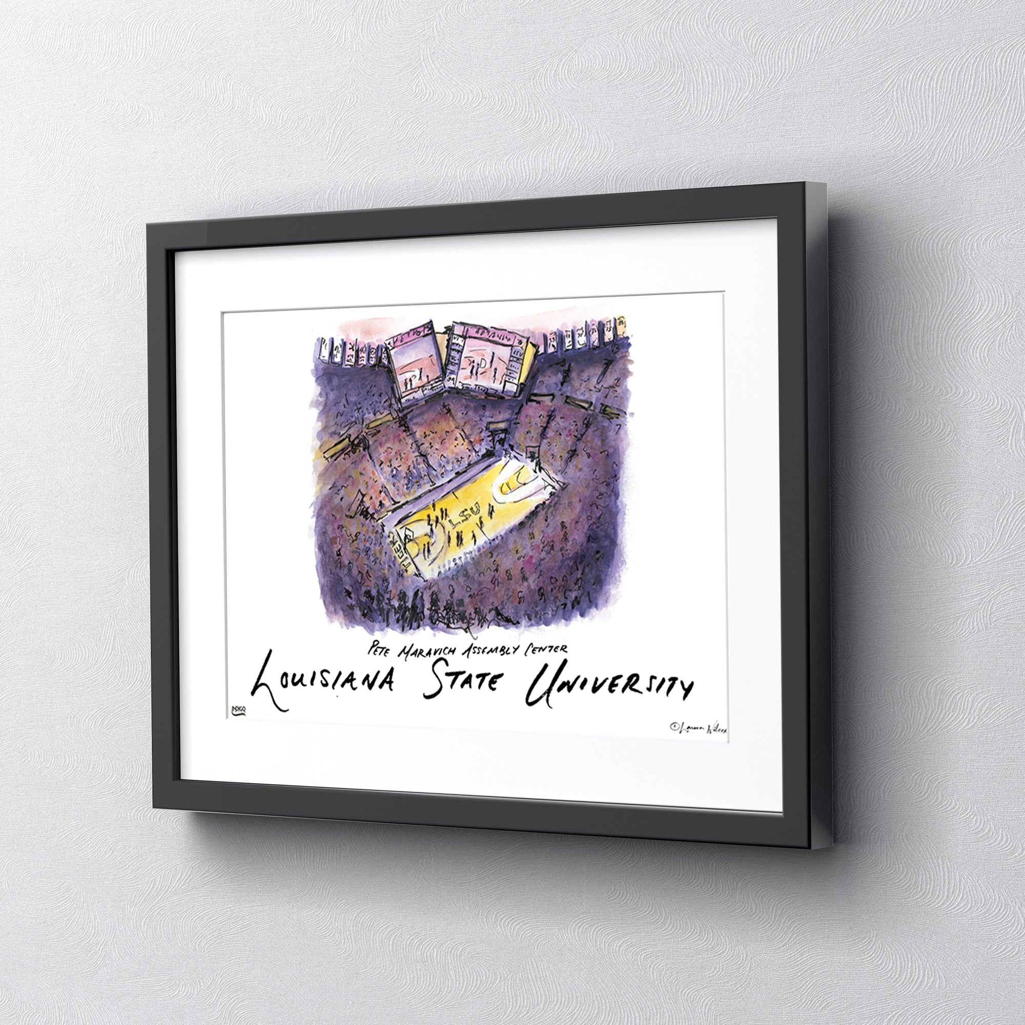 LSU Pete Maravich Assembly Center, Framed Watercolor Wall Art 16" x 20" by Laura Wilcox