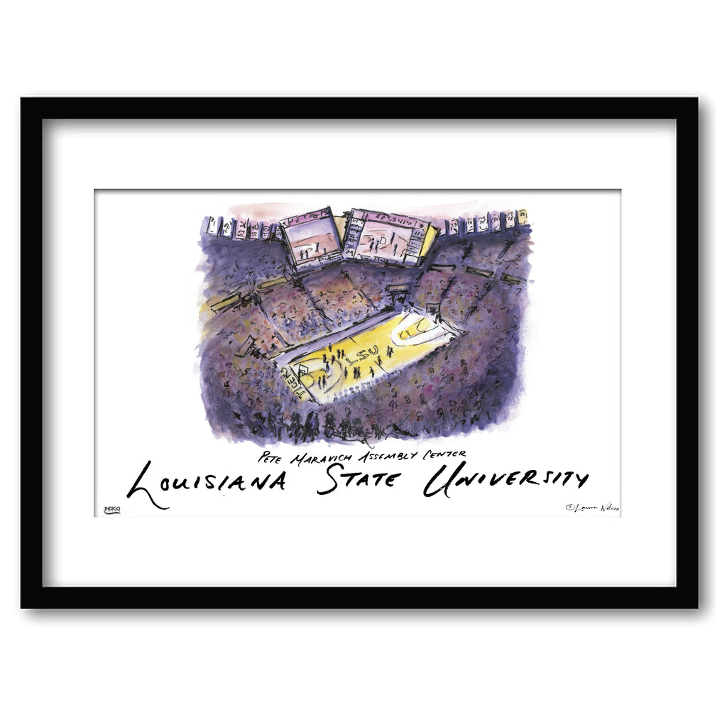 LSU Pete Maravich Assembly Center, Framed Watercolor Wall Art 11" x 14" by Laura Wilcox