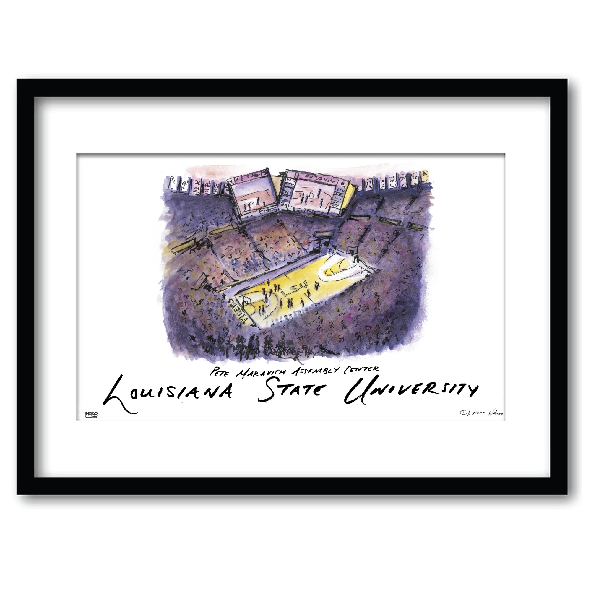 LSU Pete Maravich Assembly Center, Framed Watercolor Wall Art 11" x 14" by Laura Wilcox