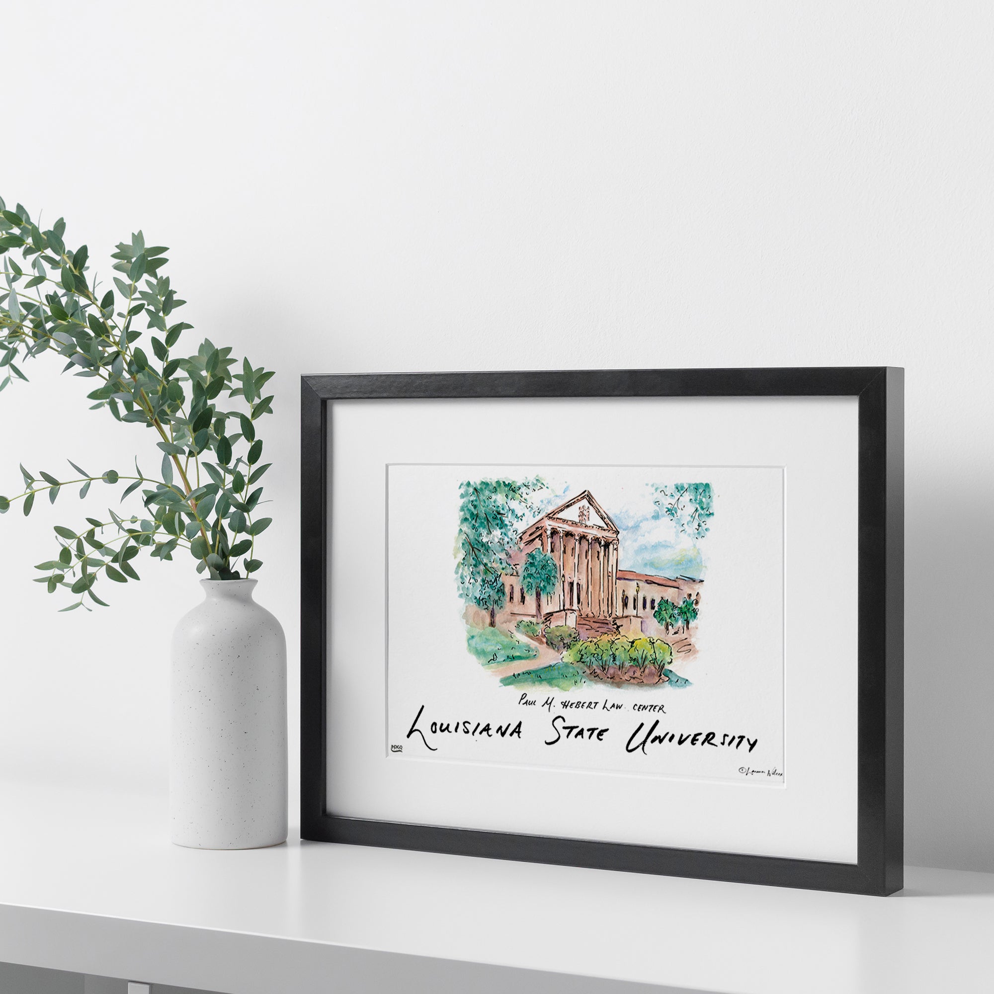 LSU Paul M. Hebert Law Center, Framed Watercolor Wall Art 16" x 20" by Laura Wilcox