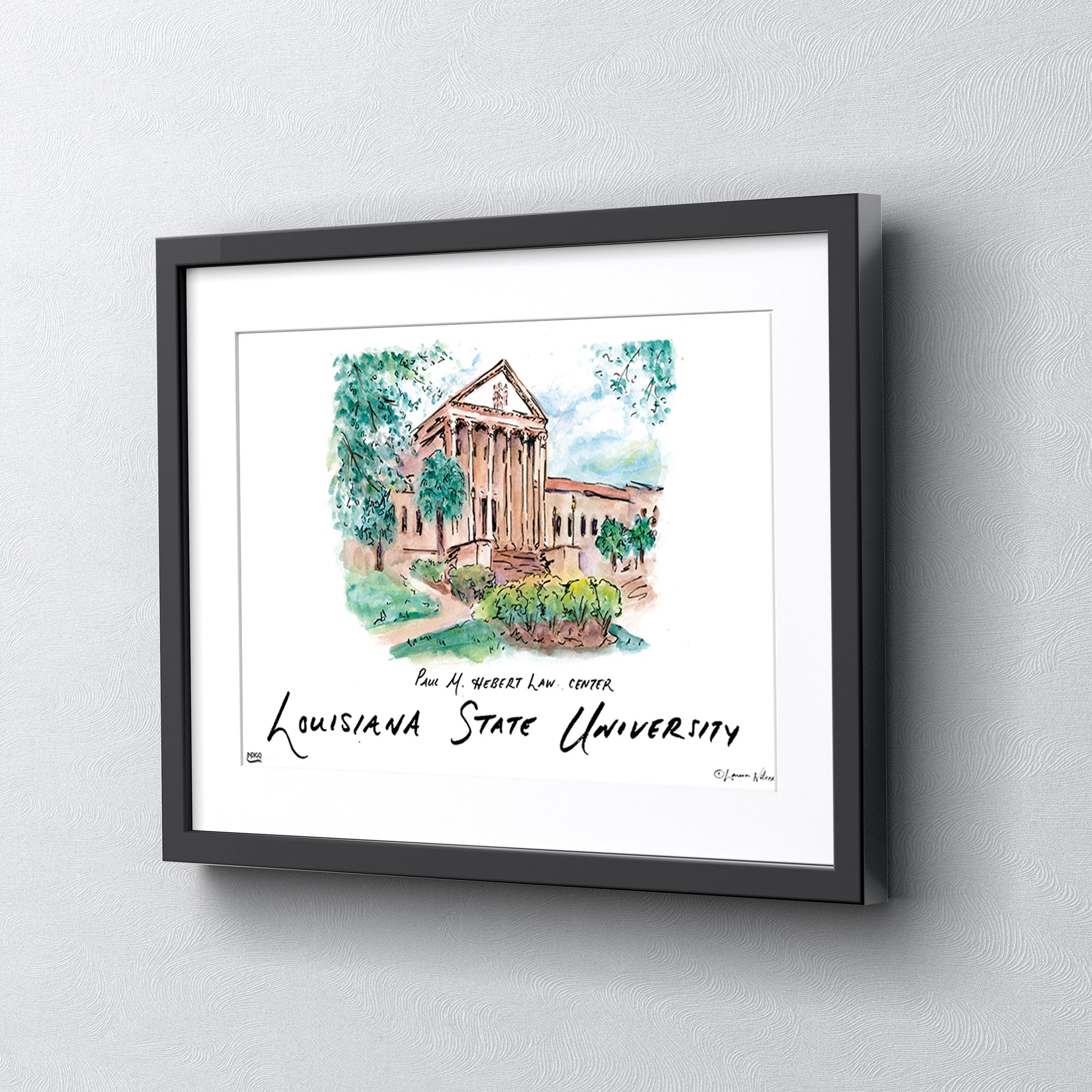 LSU Paul M. Hebert Law Center, Framed Watercolor Wall Art 16" x 20" by Laura Wilcox