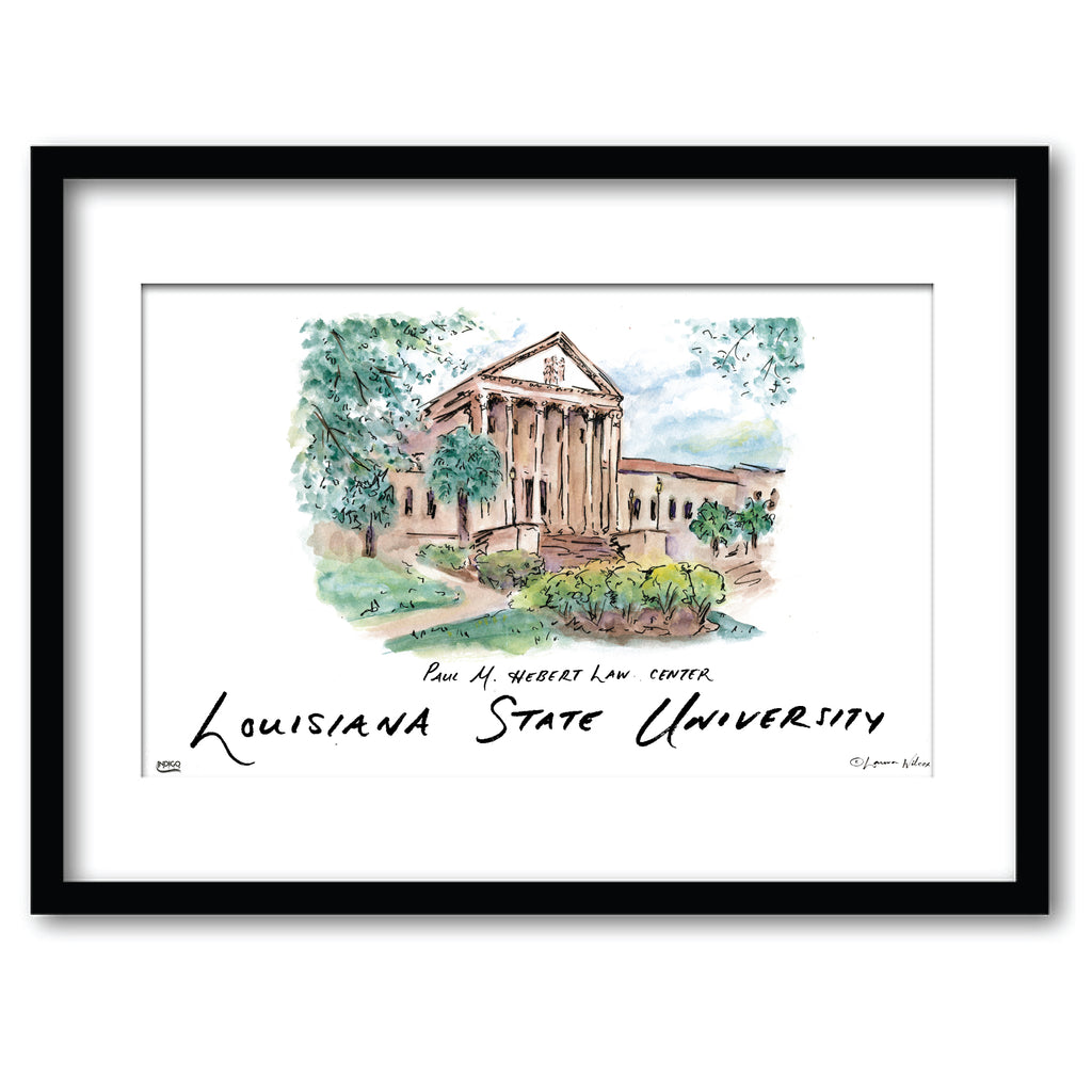 LSU Paul M. Hebert Law Center, Framed Watercolor Wall Art 11" x 14" by Laura Wilcox