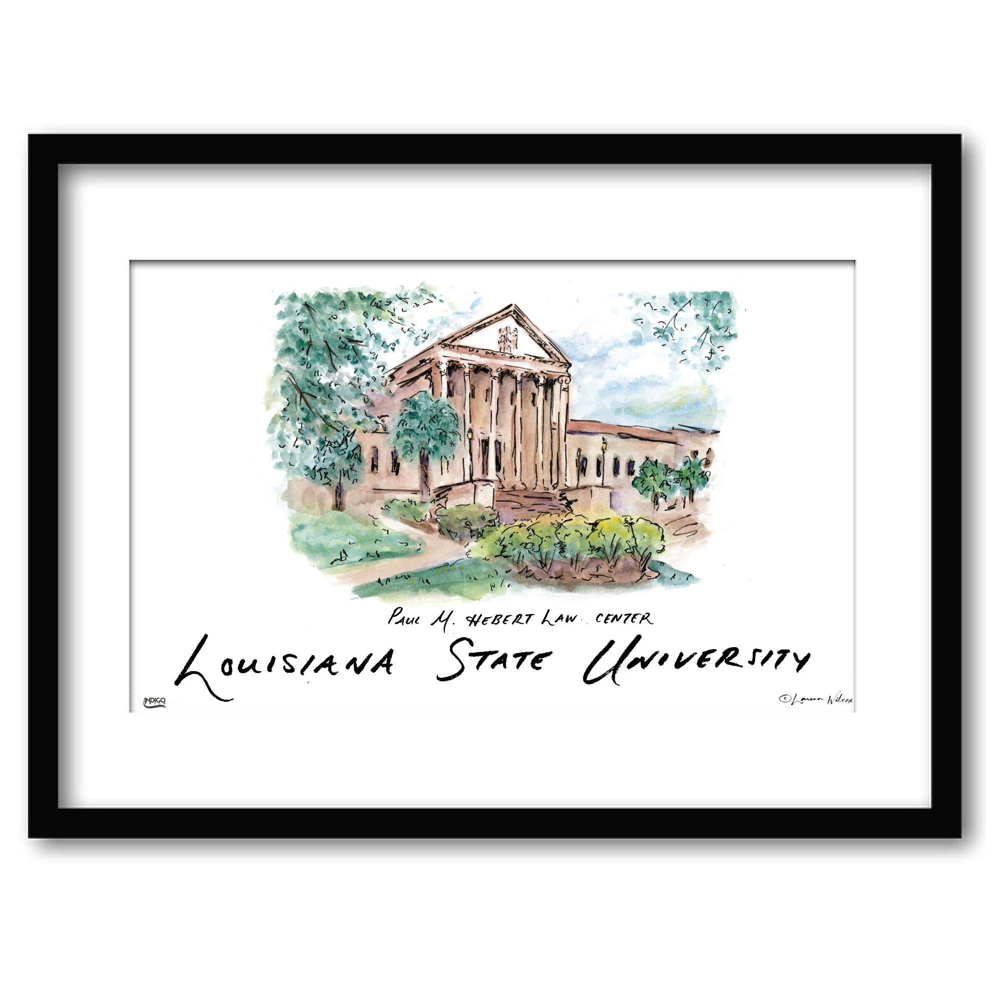 LSU Paul M. Hebert Law Center, Framed Watercolor Wall Art 11" x 14" by Laura Wilcox