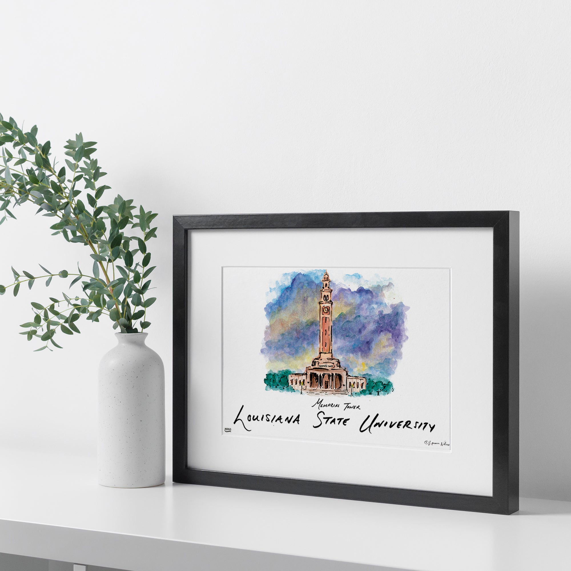 LSU Memorial Tower, Framed Watercolor Wall Art 16" x 20" by Laura Wilcox