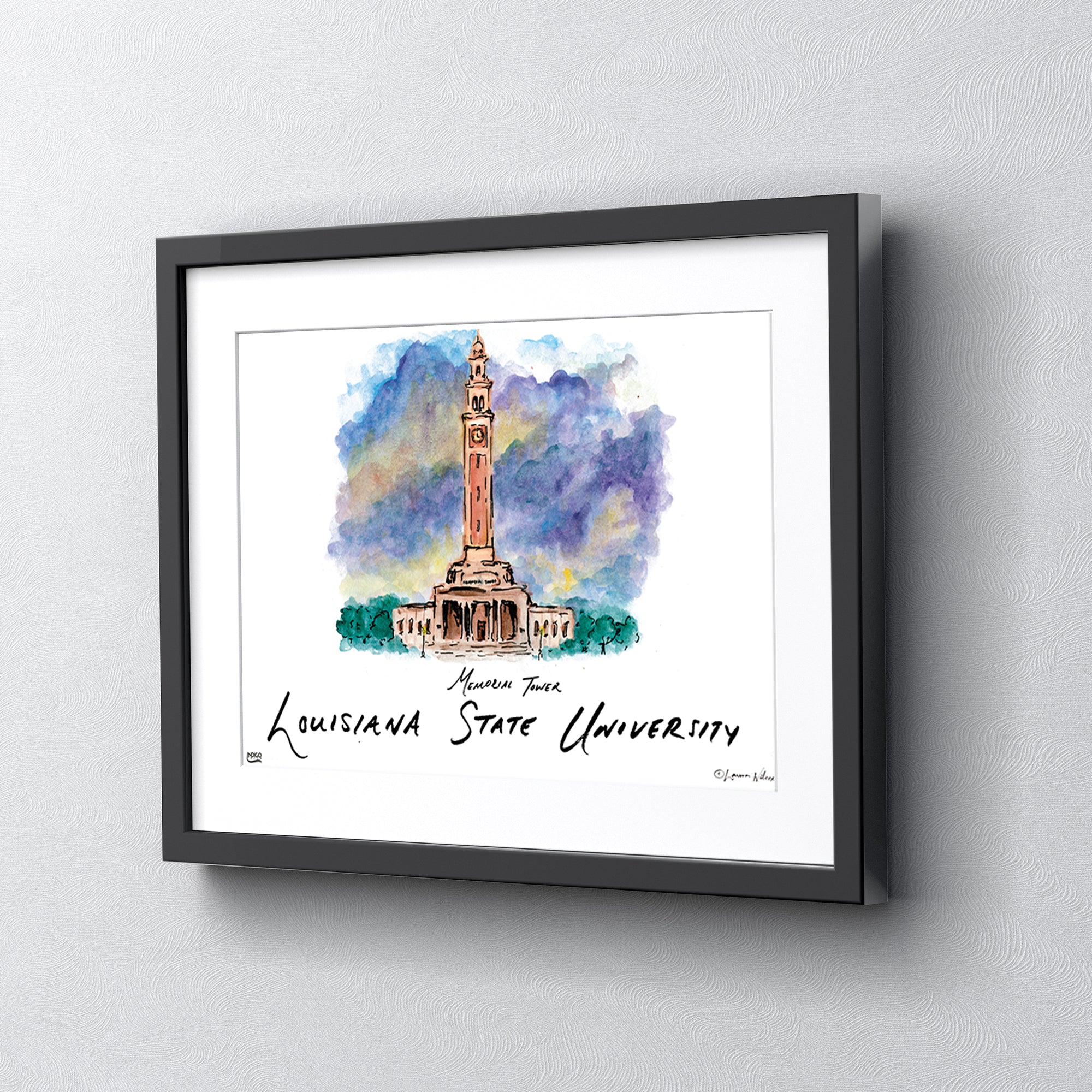 LSU Memorial Tower, Framed Watercolor Wall Art 16" x 20" by Laura Wilcox