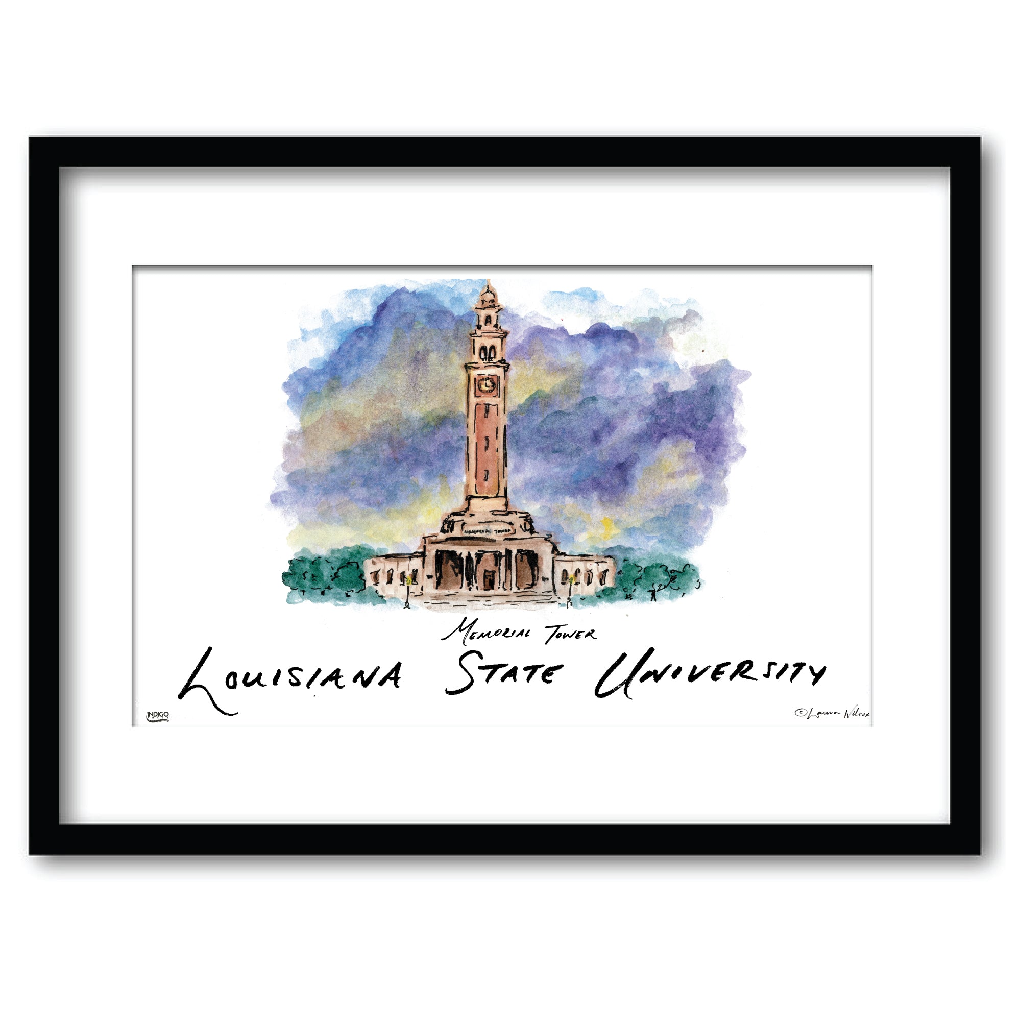 LSU Memorial Tower, Framed Watercolor Wall Art 11" x 14" by Laura Wilcox