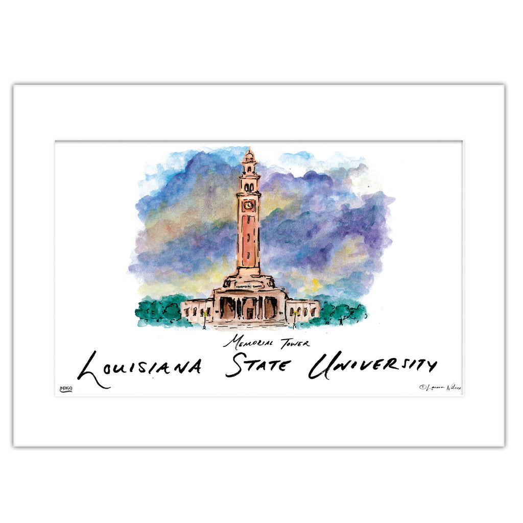 LSU Memorial Tower, Matted Watercolor Wall Art 16" x 20" by Laura Wilcox