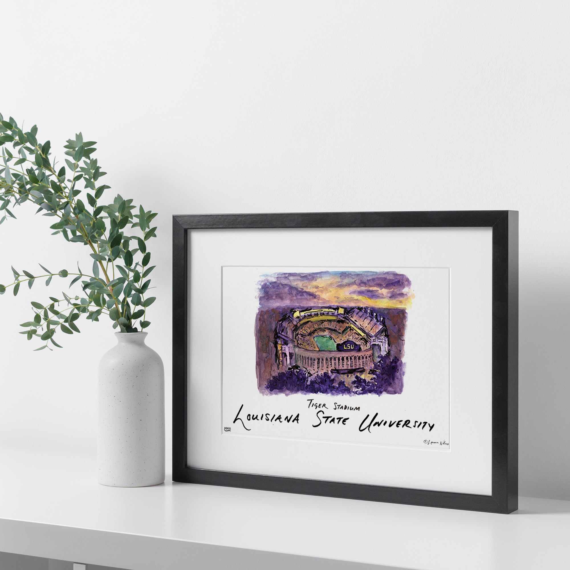 LSU Tiger Stadium, Framed Watercolor Wall Art 16" x 20" by Laura Wilcox