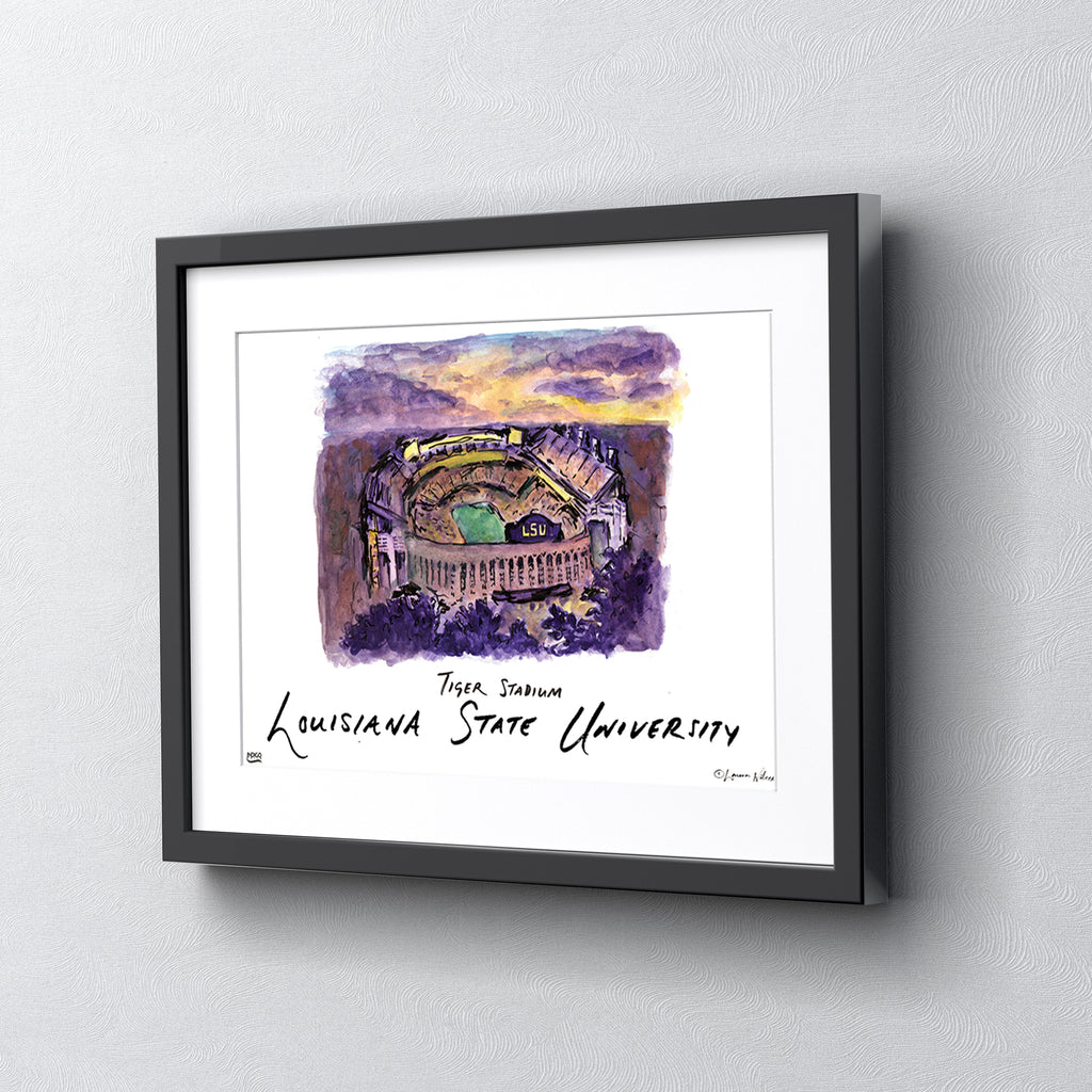 LSU Tiger Stadium, Framed Watercolor Wall Art 16" x 20" by Laura Wilcox