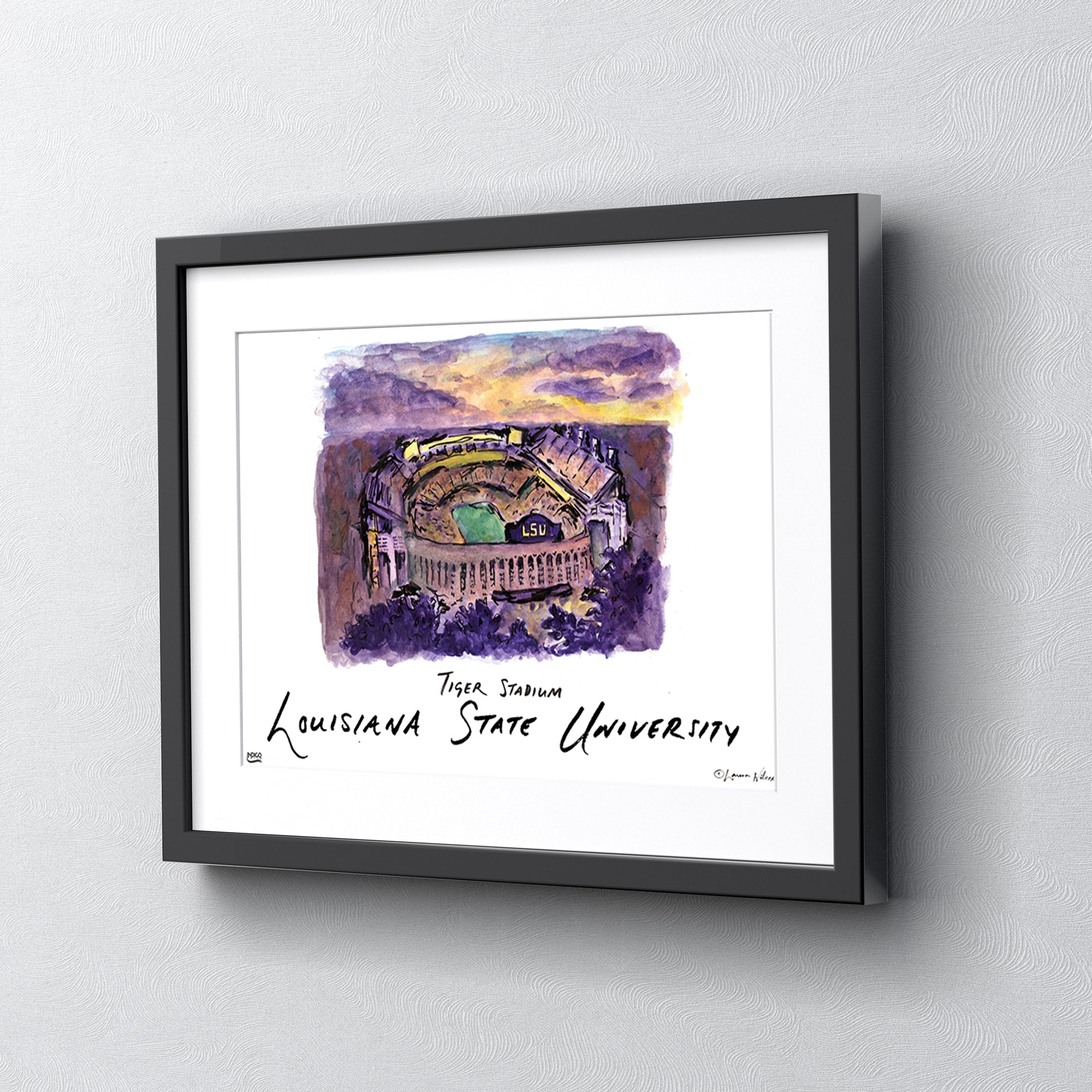 LSU Tiger Stadium, Framed Watercolor Wall Art 16" x 20" by Laura Wilcox