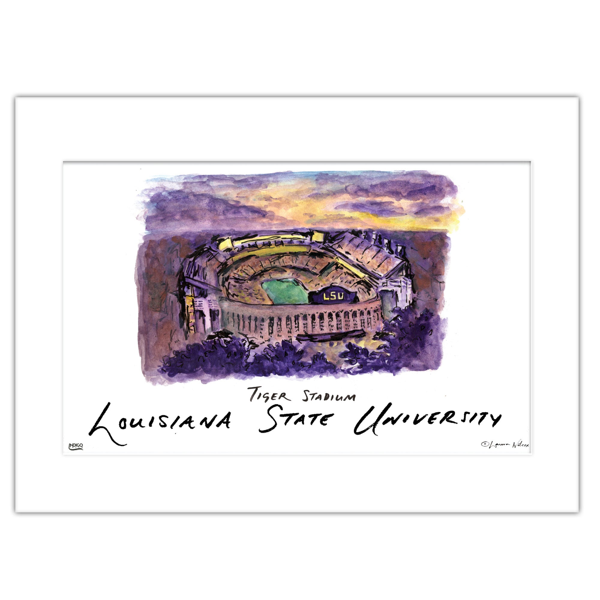 LSU Tiger Stadium, Matted Watercolor Wall Art 11" x 14" by Laura Wilcox