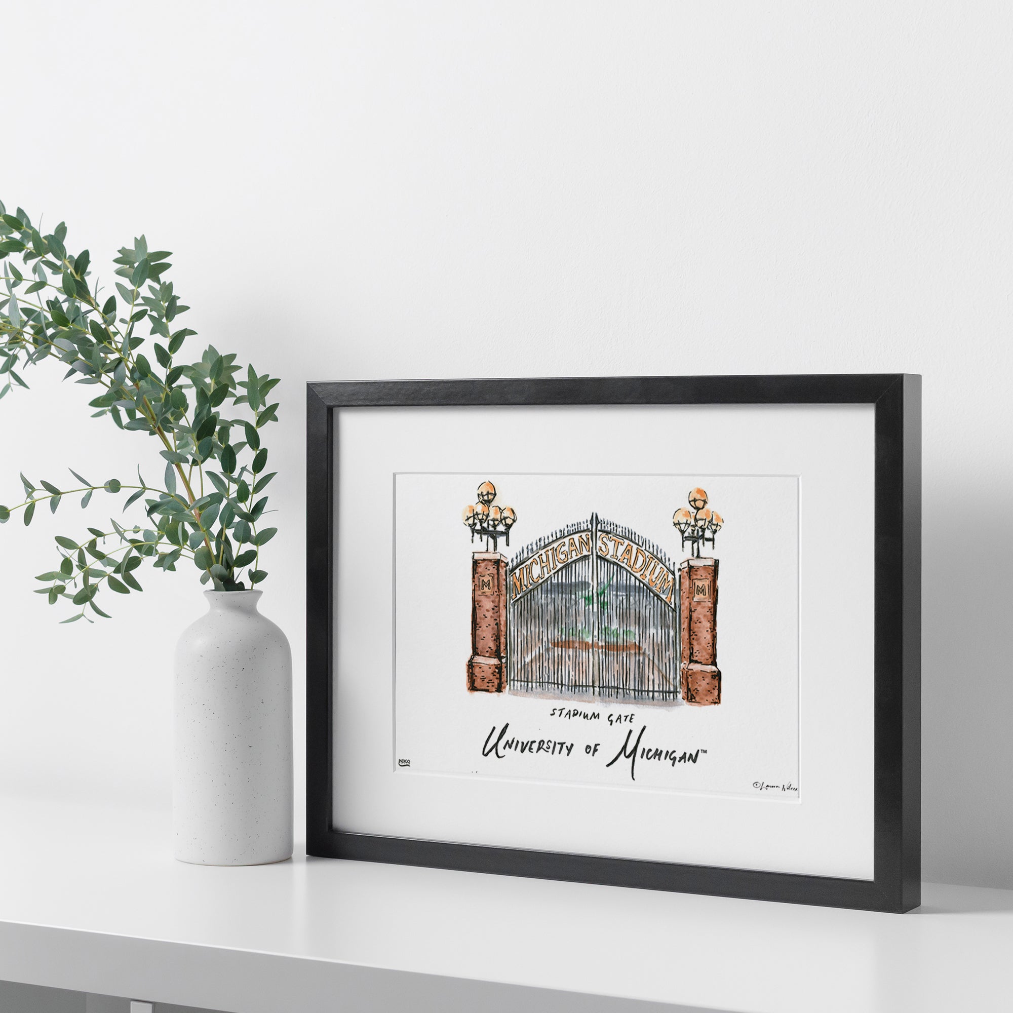 Michigan Stadium Gate, Framed Watercolor Wall Art 16" x 20" by Laura Wilcox